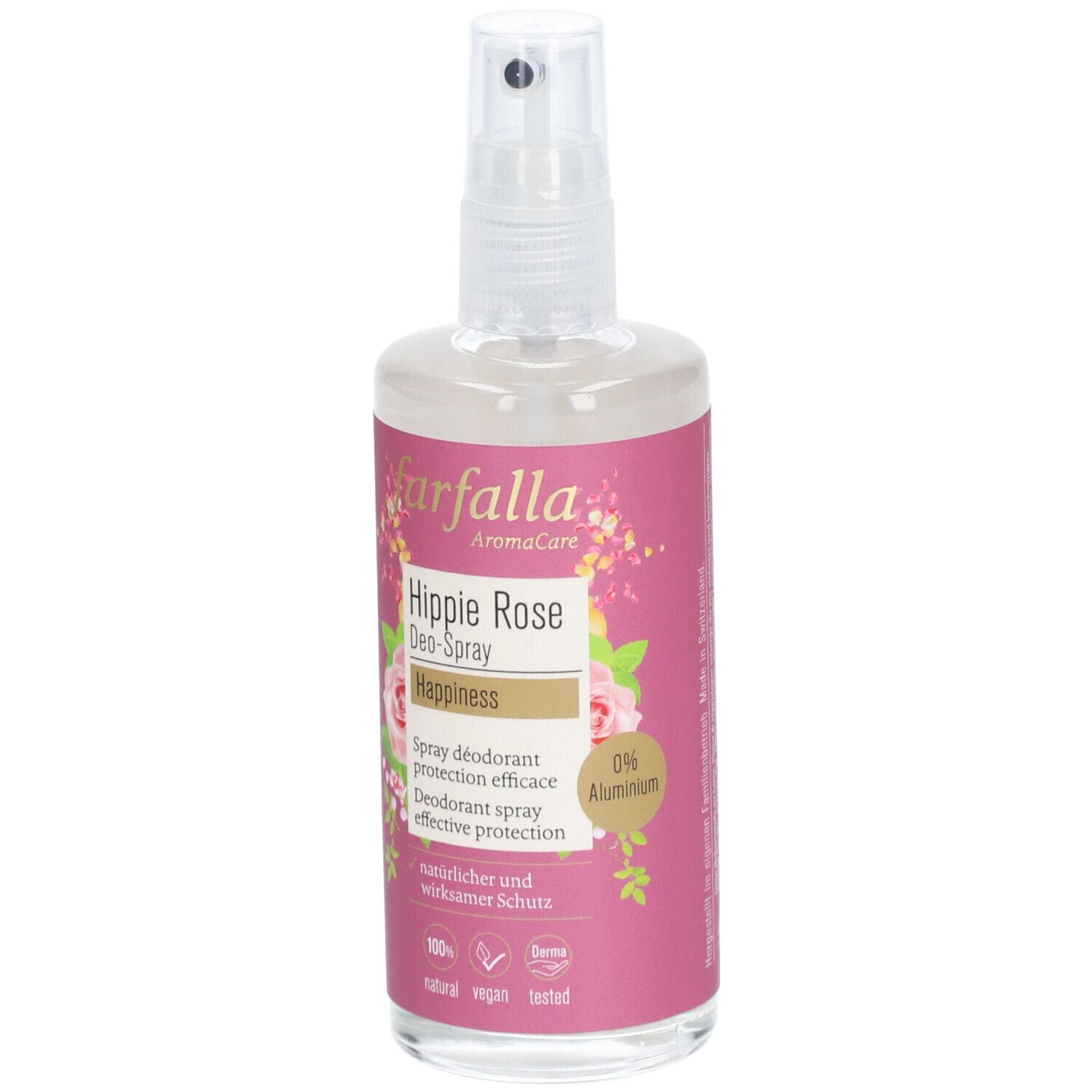 Deospray mit rosa Etikett. Aufschrift: farfalla, Hippie Rose, Happiness. Mit Zerstäuber. 0% Aluminium. Natürlicher Schutz.
