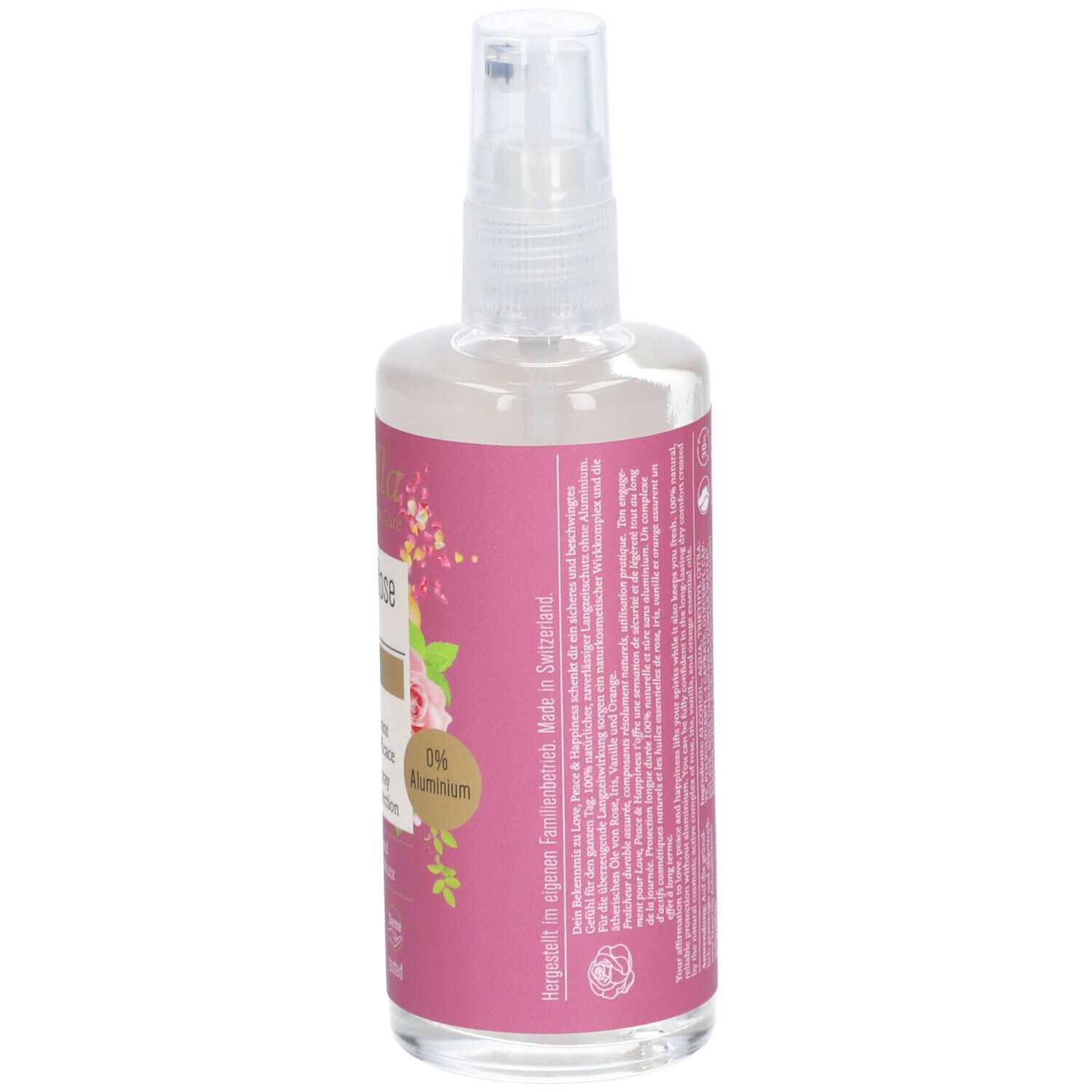 Deospray mit rosa Etikett. Aufschrift: farfalla, Hippie Rose, Happiness. Mit Zerstäuber. 0% Aluminium. Natürlicher Schutz.