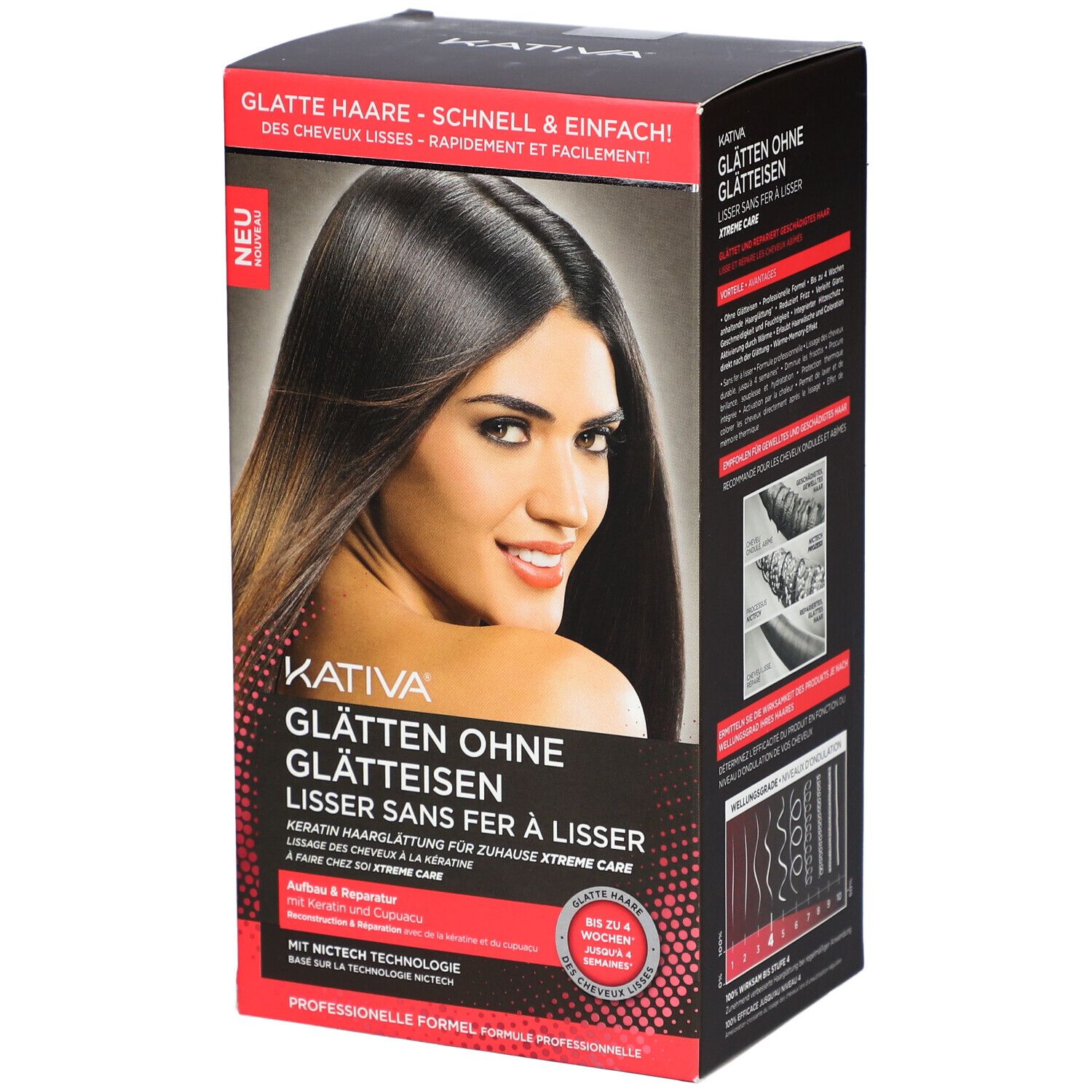 KATIVA-Produktverpackung. Aufdruck: Glatte Haare, ohne Glätteisen, Lisser sans fer à lisser. Frau mit glattem Haar.