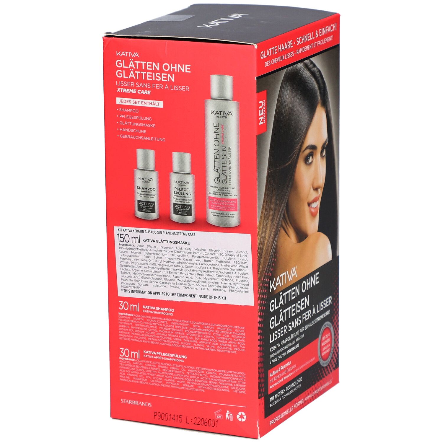 KATIVA-Produktverpackung. Aufdruck: Glatte Haare, ohne Glätteisen, Lisser sans fer à lisser. Enthält 3 Flaschen.