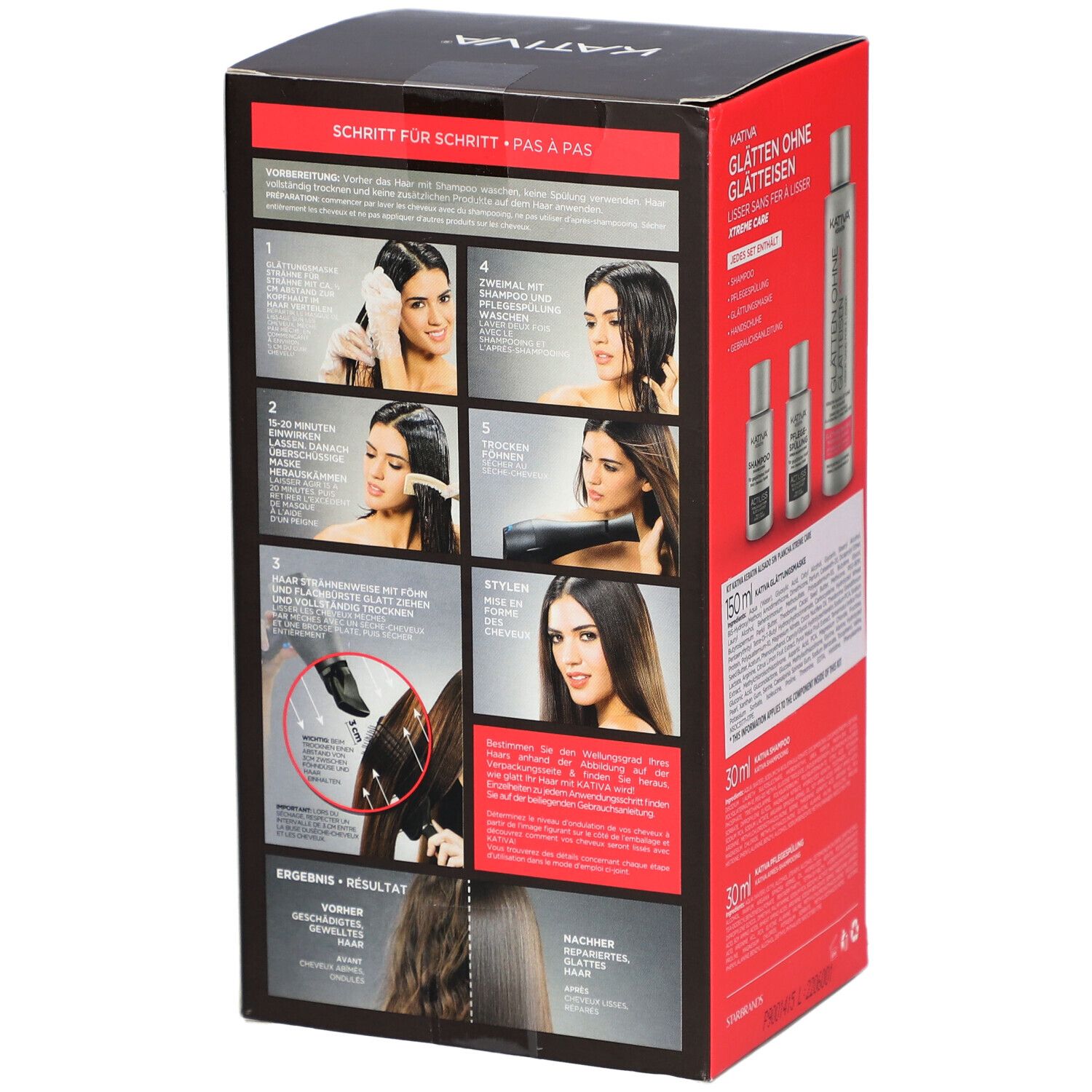 KATIVA-Produktverpackung. Aufdruck: Glatte Haare, ohne Glätteisen, Lisser sans fer à lisser. Schritt-für-Schritt-Anleitung.