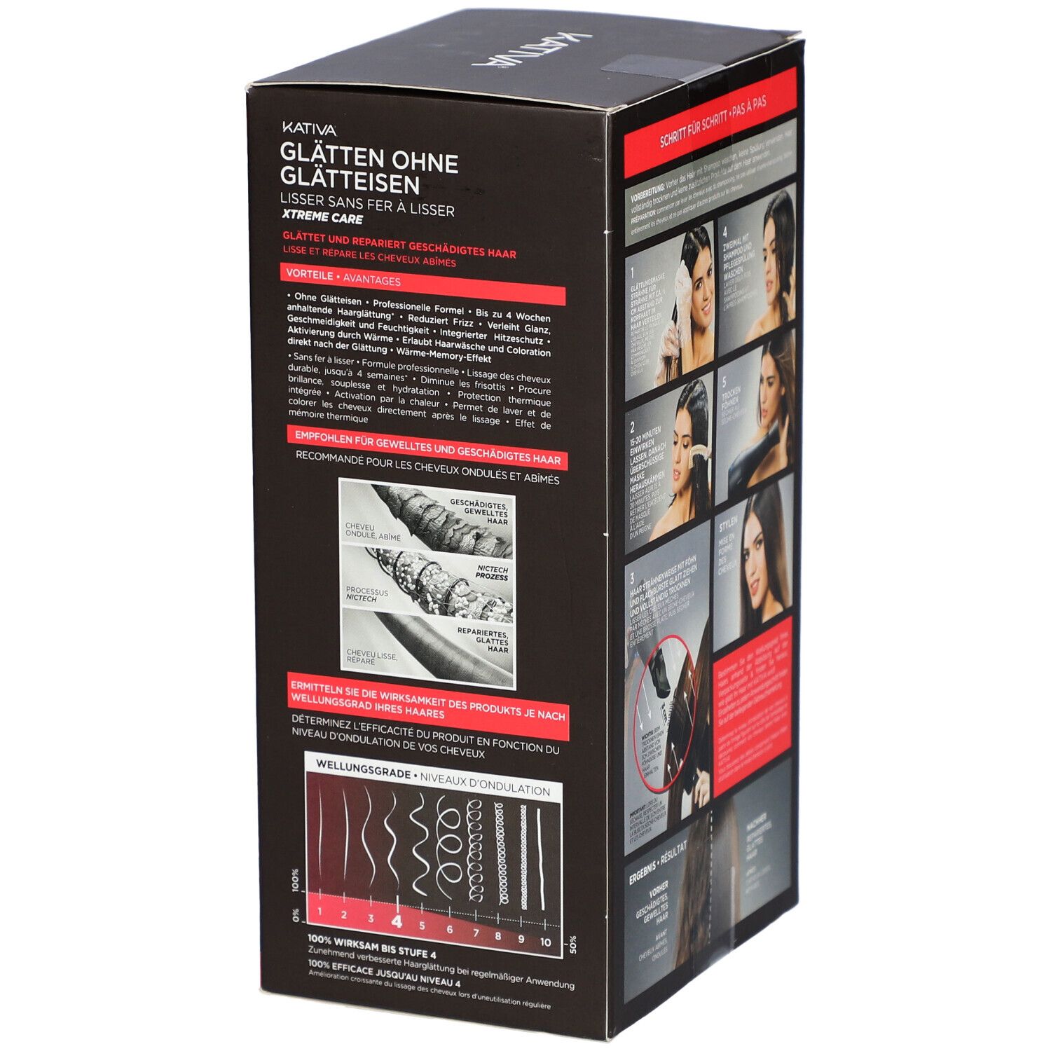 KATIVA-Produktverpackung. Aufdruck: Glatte Haare, ohne Glätteisen, Lisser sans fer à lisser. Vorteile und Anwendung.