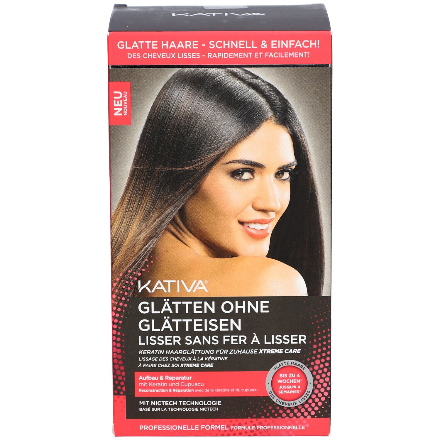 KATIVA-Produktverpackung. Aufdruck: Glatte Haare, ohne Glätteisen, Lisser sans fer à lisser. Frau mit glattem Haar.