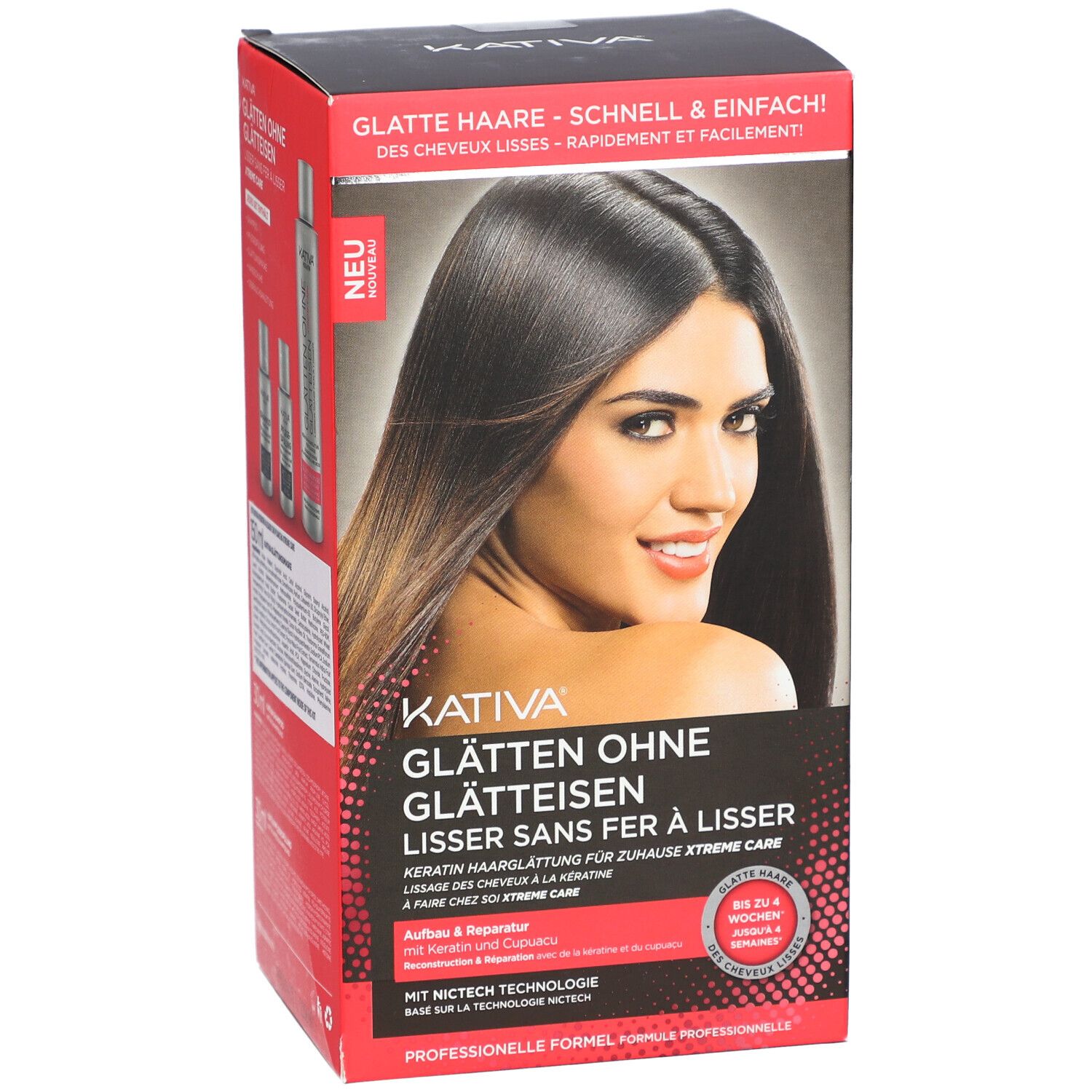 KATIVA-Produktverpackung. Aufdruck: Glatte Haare, ohne Glätteisen, Lisser sans fer à lisser. Enthält 3 Flaschen.