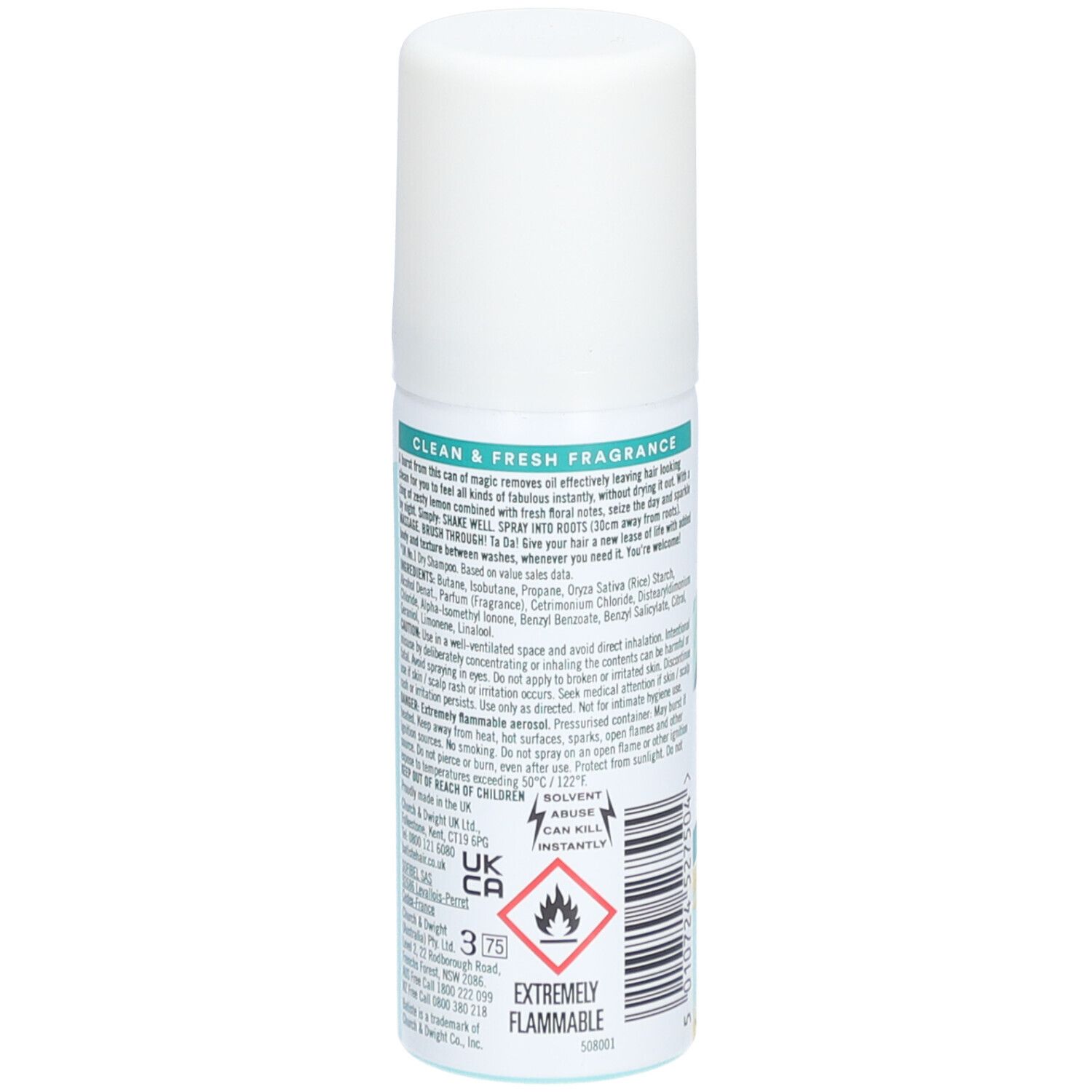 Rückseite der Sprühflasche. Text mit Inhaltsstoffen und Warnhinweisen. Gefahrensymbol und 'UK CA' Zeichen.