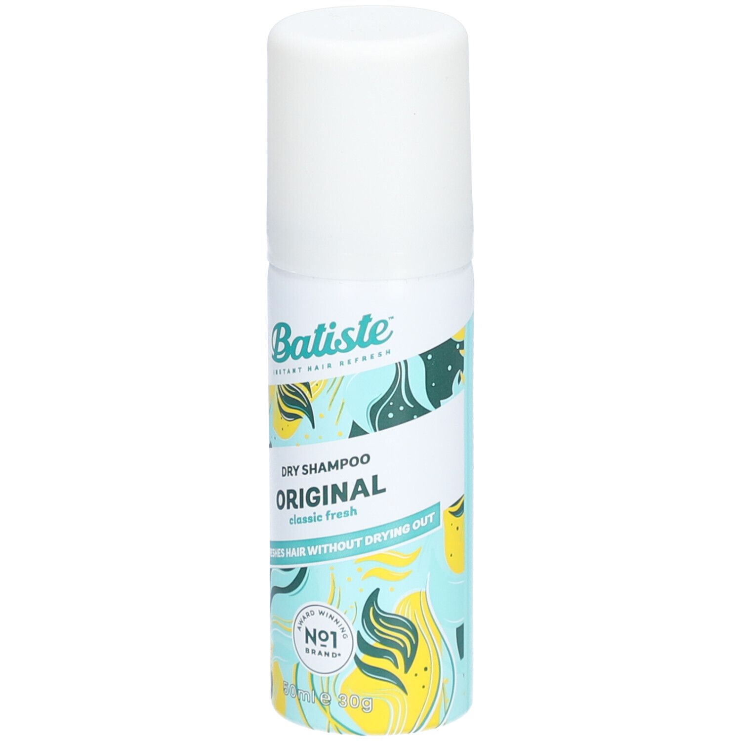 Weiß-blaue Sprühflasche mit 'Batiste' und 'Original Dry Shampoo'. 'Classic fresh' und 'Nr. 1 Brand' sind ebenfalls sichtbar.