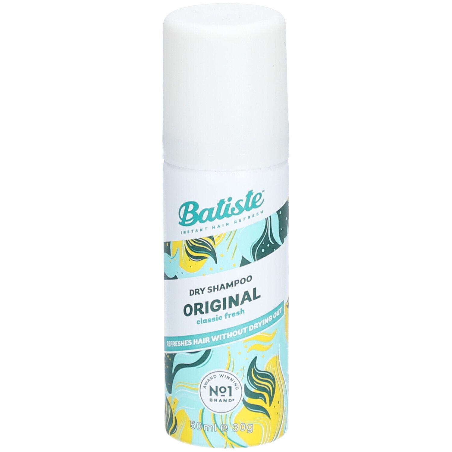Weiß-blaue Sprühflasche mit 'Batiste' und 'Original Dry Shampoo'. 'Classic fresh' und 'Nr. 1 Brand' sind ebenfalls sichtbar.