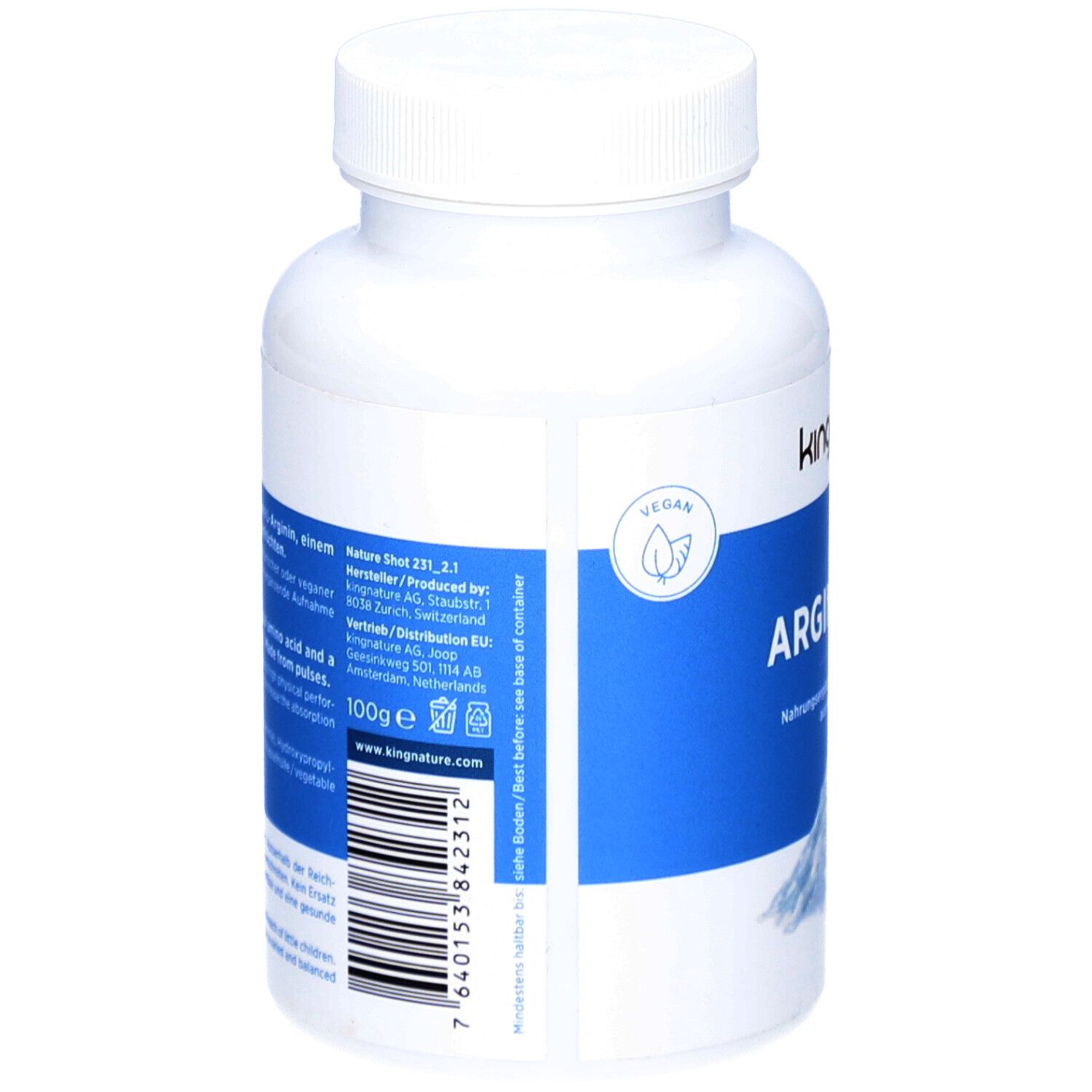 Weiße Flasche mit blauem Etikett. Aufschrift: kingnature. Vegan-Siegel. Barcode und Text.