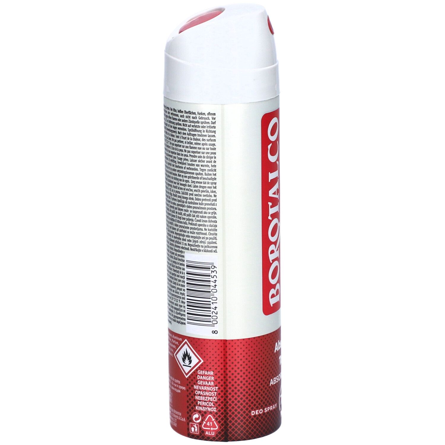 BOROTALCO DRY MEN Deo-Spray. Rückseite der Dose mit Text und Barcode. Roter Boden mit Warnsymbolen.
