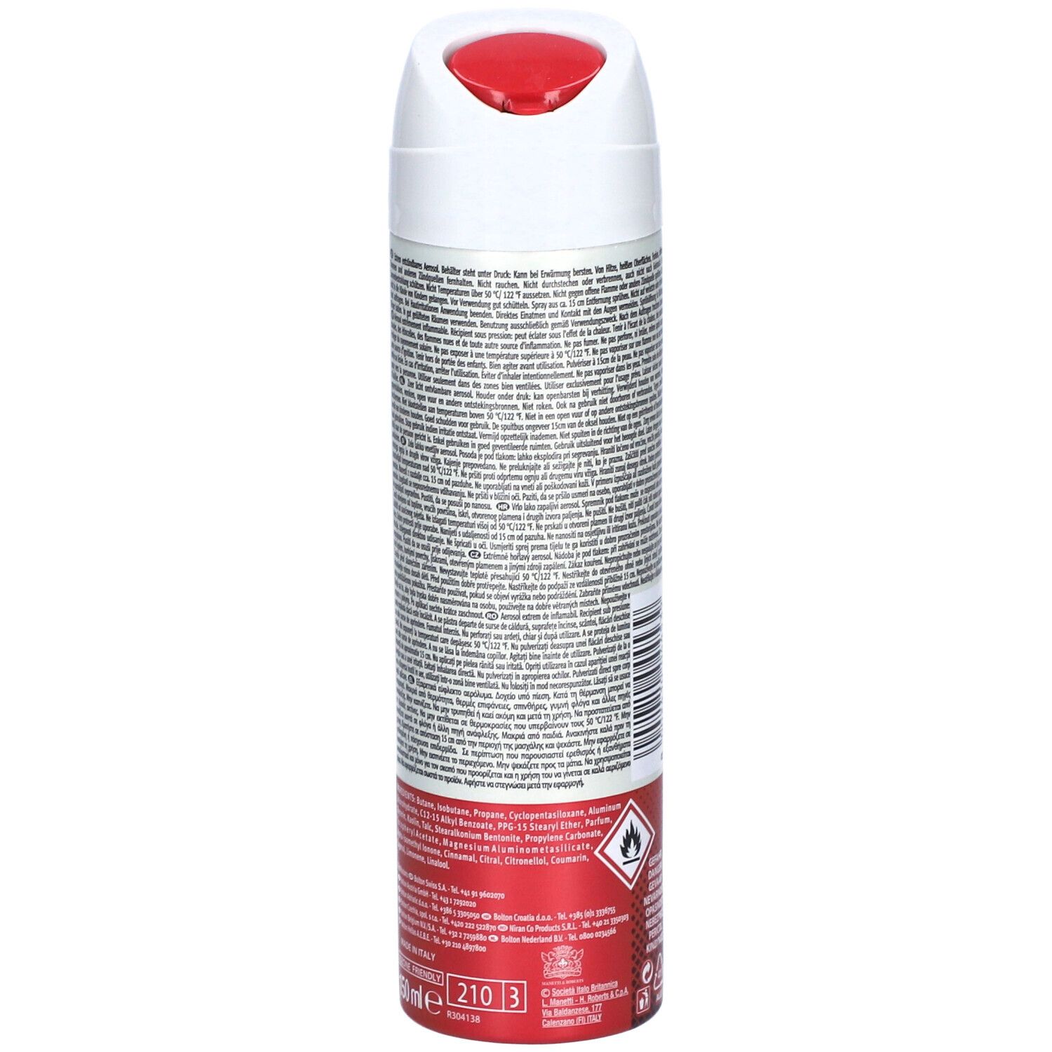 BOROTALCO DRY MEN Deo-Spray. Rückseite der Dose mit Text und Barcode. Roter Boden mit Warnsymbolen.