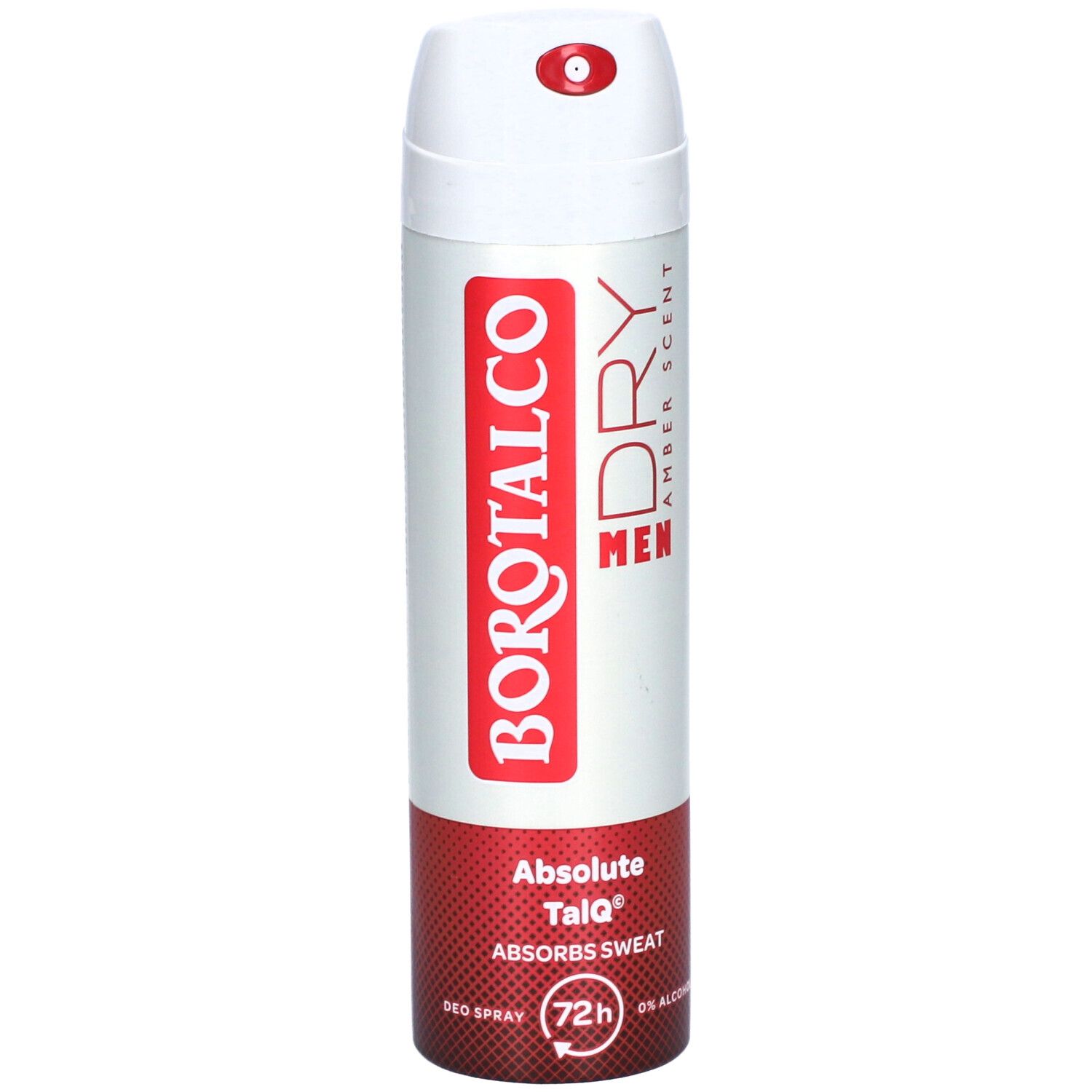 BOROTALCO DRY MEN Deo-Spray. Weiß-rote Dose mit rotem Sprühkopf. Text: Absolute Talq, Amber Scent, 72h, 0% Alkohol.