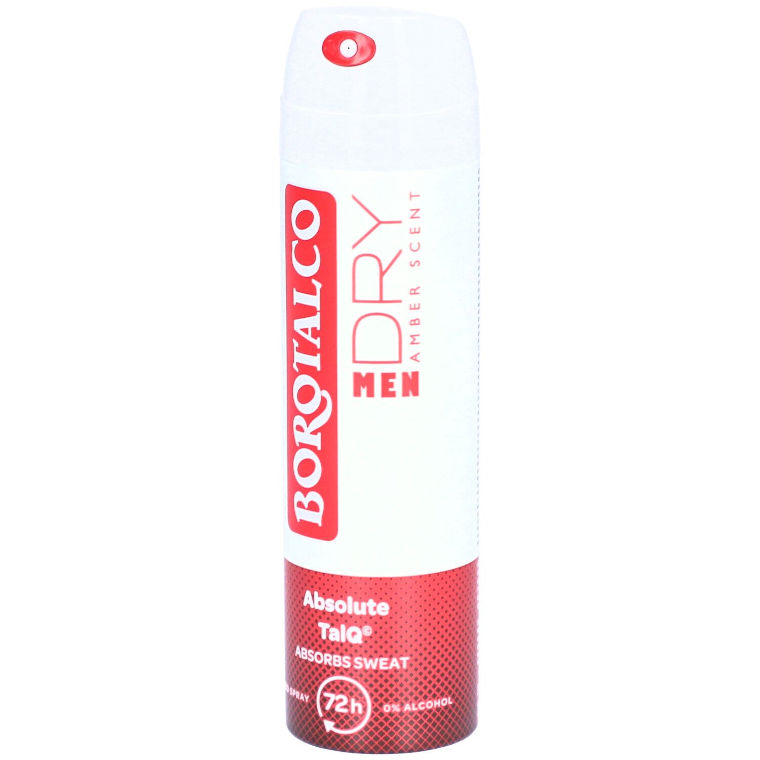 BOROTALCO DRY MEN Deo-Spray. Weiß-rote Dose mit rotem Sprühkopf. Text: Absolute Talq, Amber Scent, 72h, 0% Alkohol.