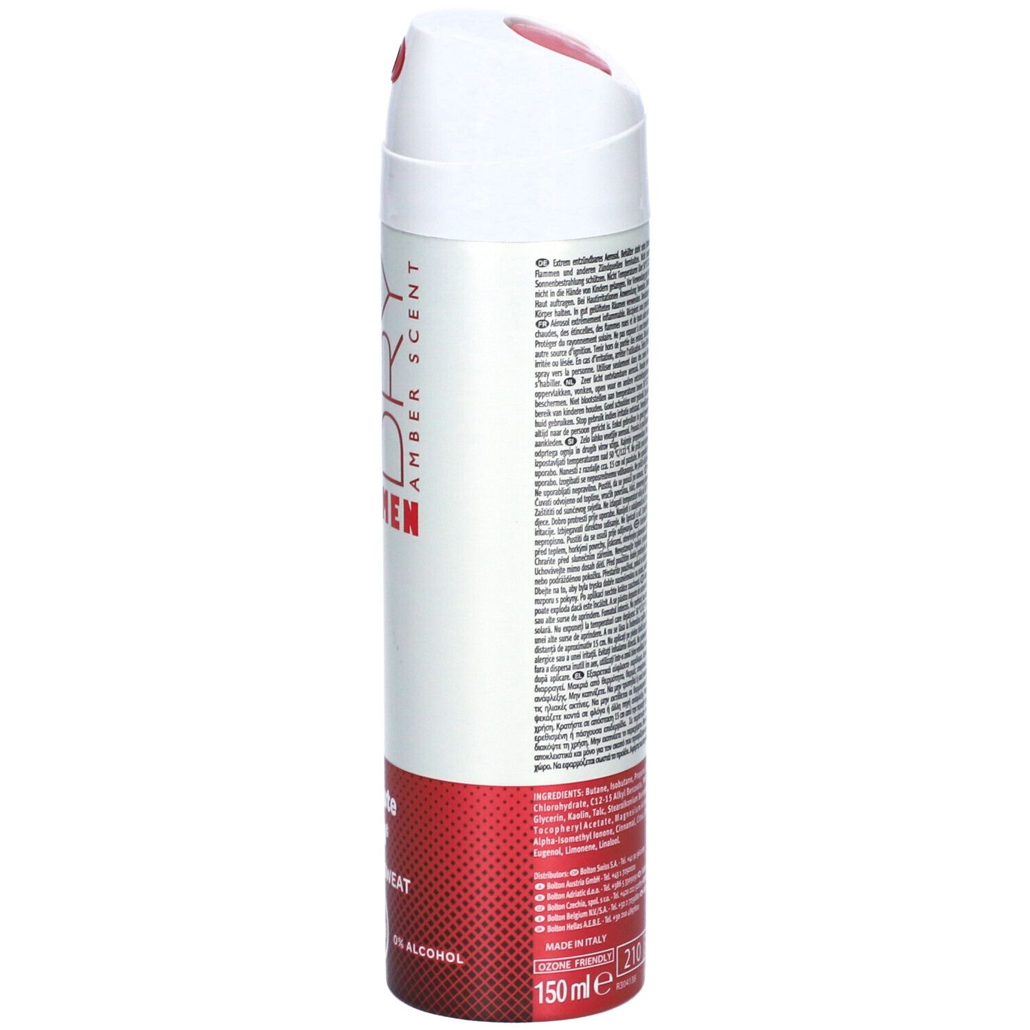 BOROTALCO DRY MEN Deo-Spray. Rückseite der Dose mit Text. Roter Boden mit Warnsymbolen. Volumen: 150 ml.