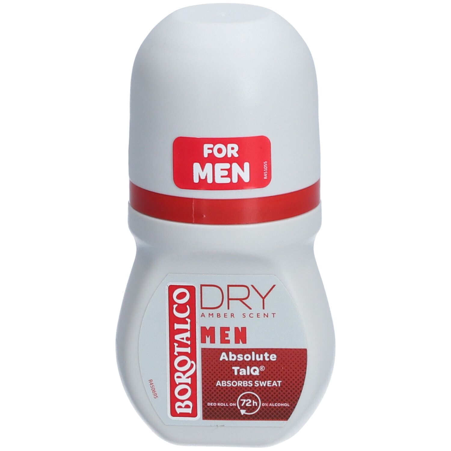 Weißer Roll-on-Deo-Behälter mit roter Schrift und Deckel. Aufschrift: "FOR MEN", "DRY", "MEN", "Absolute Talq".