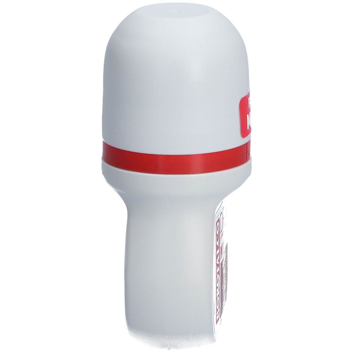 Weißer Roll-on-Deo-Behälter mit rotem Streifen. Seitliche Ansicht. Roter Aufkleber mit "FOR MEN".