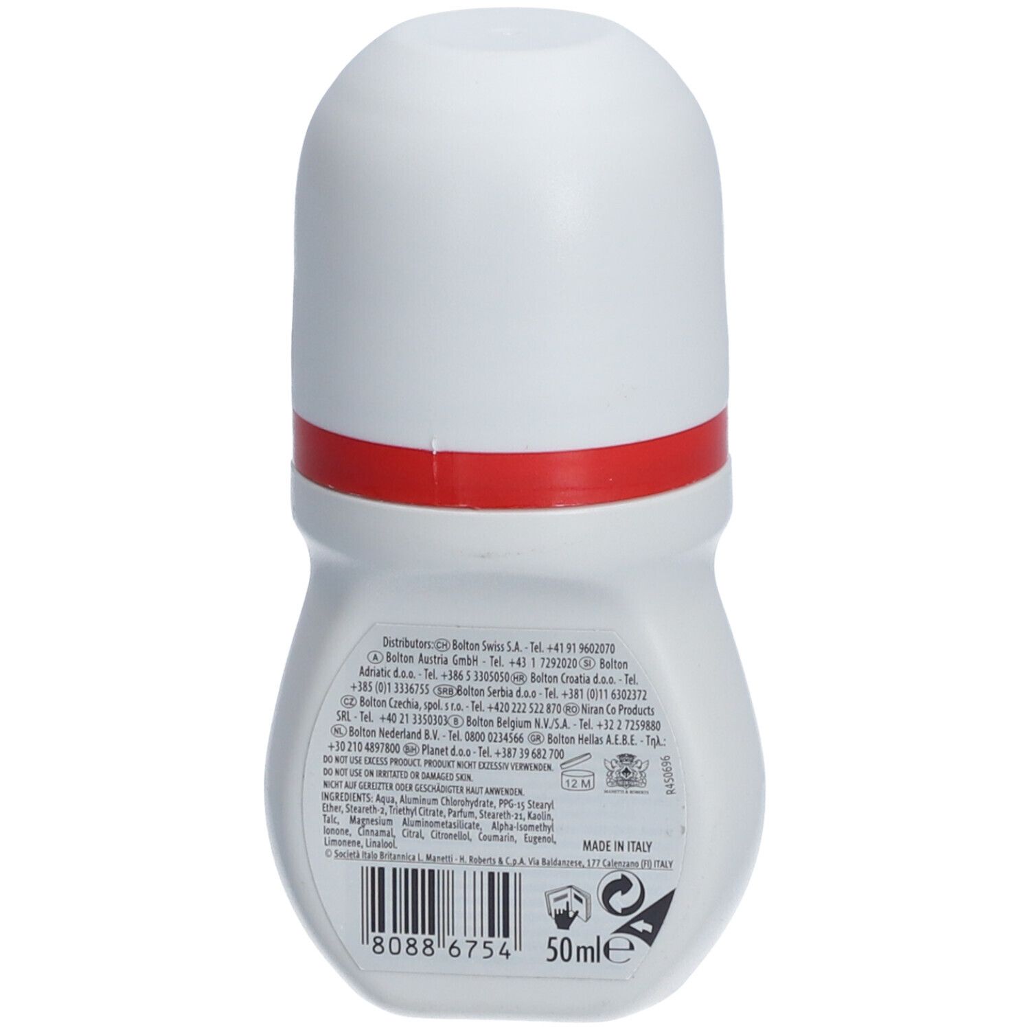 Rückseite eines weißen Roll-on-Deo-Behälters. Text in mehreren Sprachen, Barcode und Volumenangabe.
