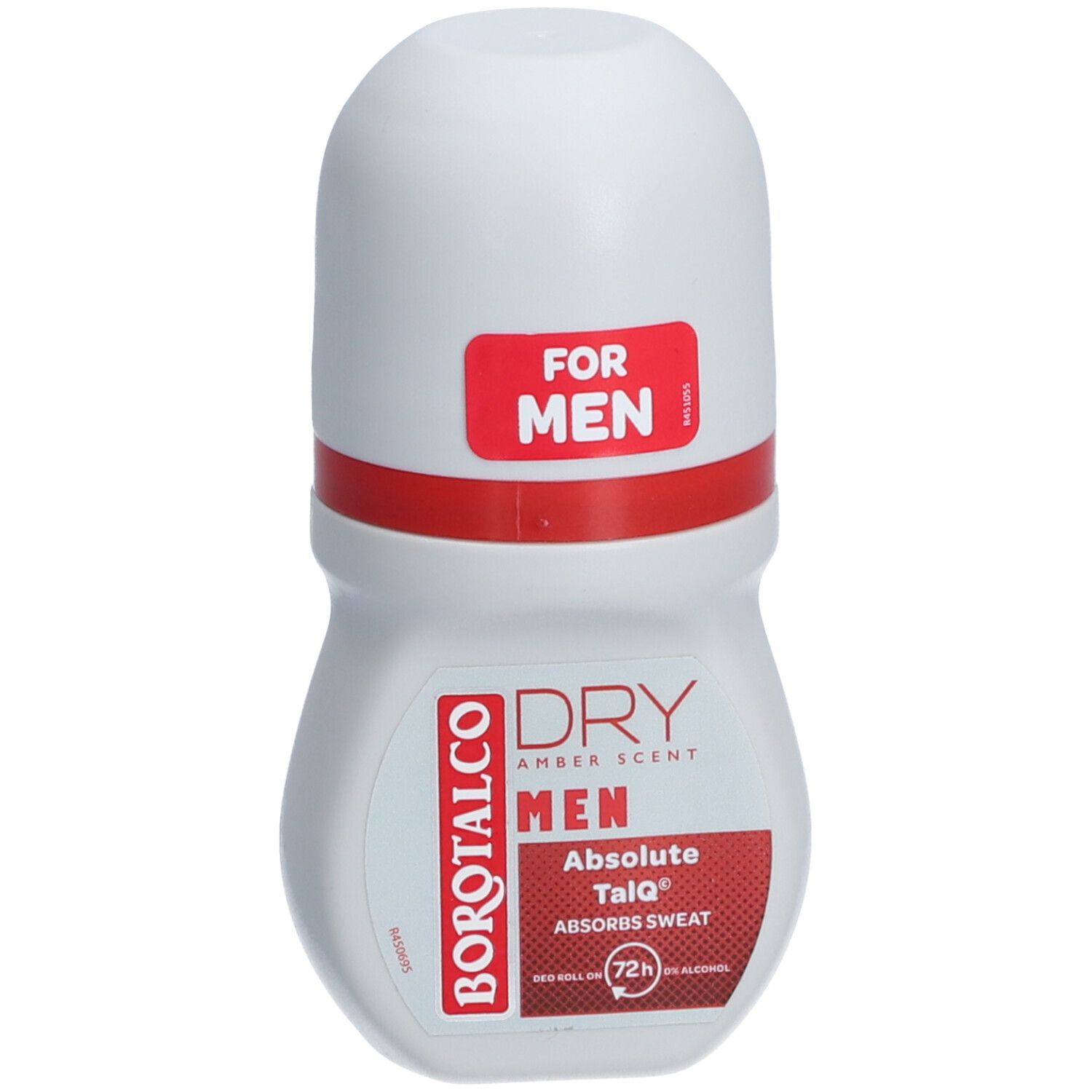 Weißer Roll-on-Deo-Behälter mit roter Schrift und Deckel. Aufschrift: "FOR MEN", "DRY", "MEN", "Absolute Talq".
