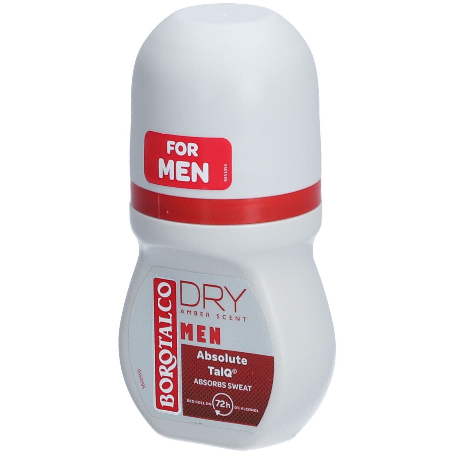 Weißer Roll-on-Deo-Behälter mit roter Schrift und Deckel. Aufschrift: "FOR MEN", "DRY", "MEN", "Absolute Talq".