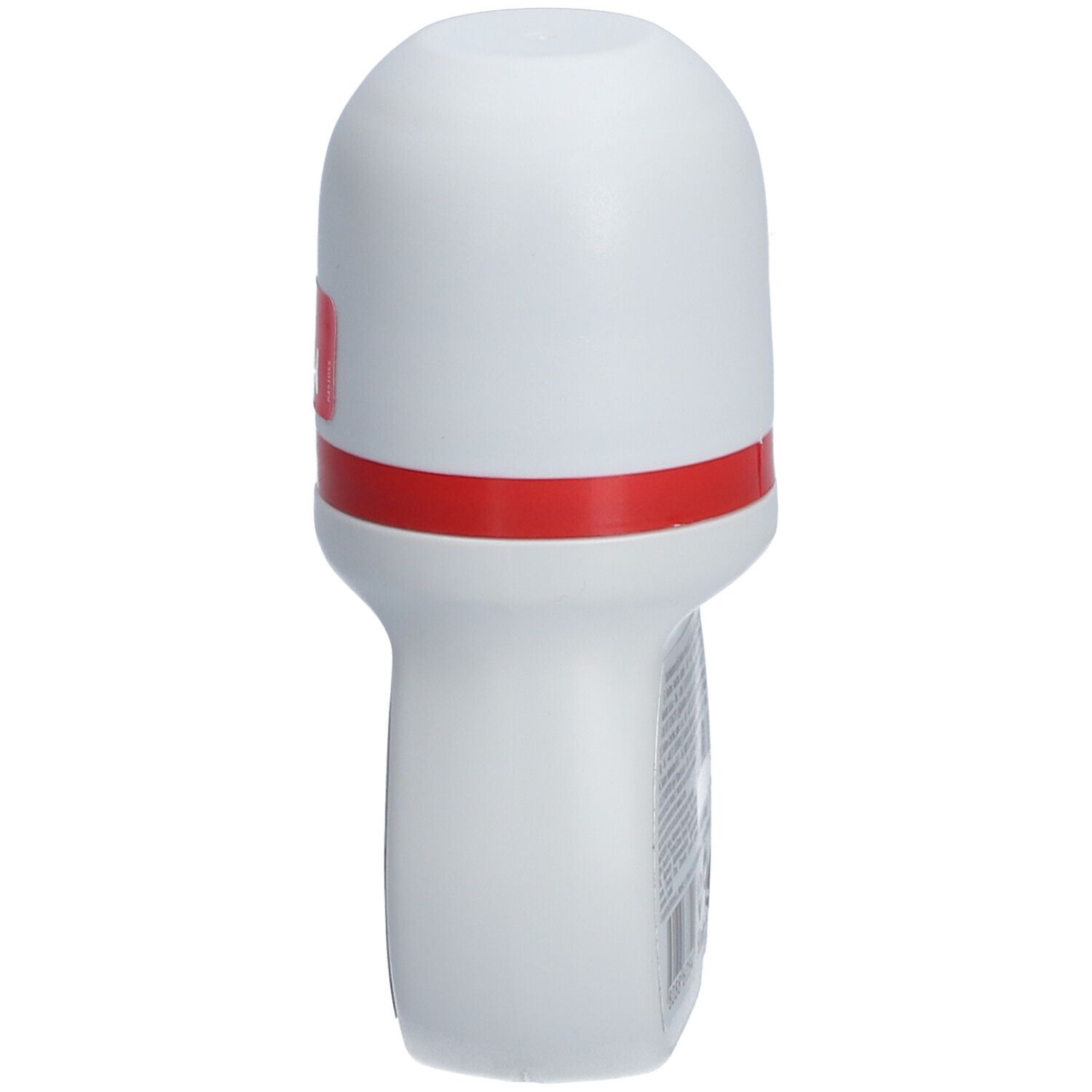 Weißer Roll-on-Deo-Behälter mit rotem Streifen. Seitliche Ansicht. Roter Aufkleber mit "FOR MEN".