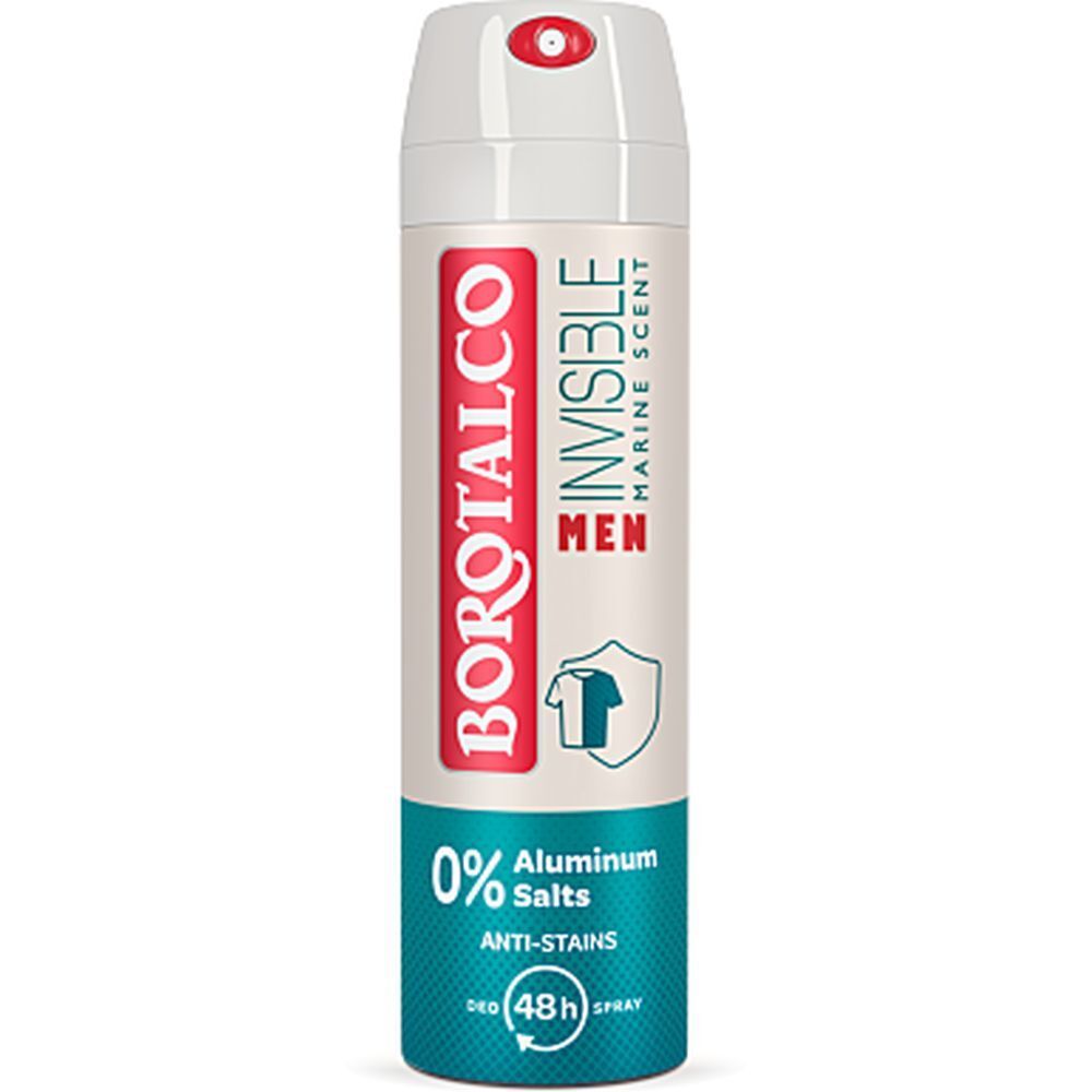 Deospray für Männer. Weiß-blaue Dose mit roter Schrift. Enthält 0% Aluminiumsalze. Marine-Duft. 48h Schutz.