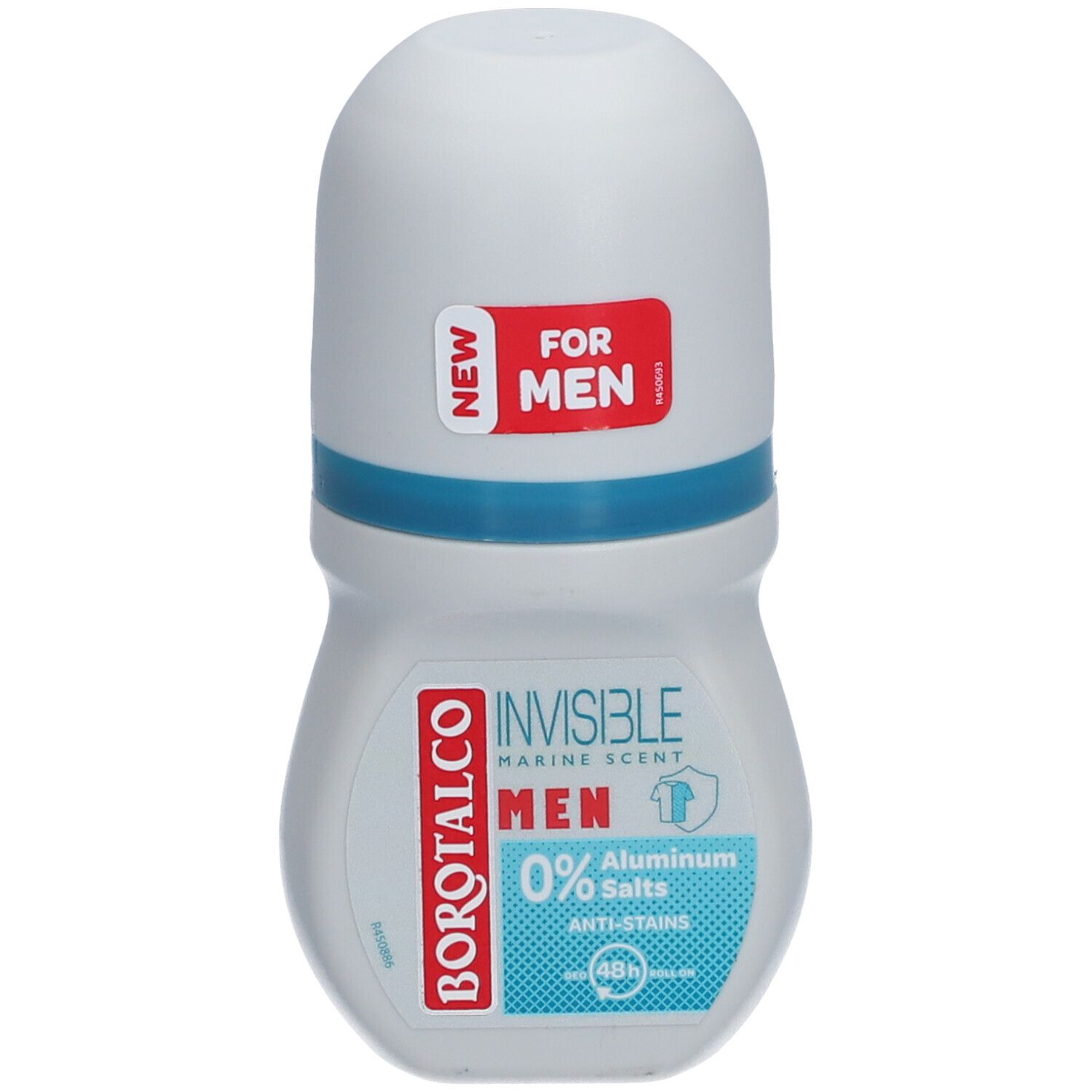 Deo-Roller für Männer. Weiß-blaue Flasche mit rotem 'NEW' Aufkleber. Text: 'INVISIBLE', 'MEN', '0% Salze'.