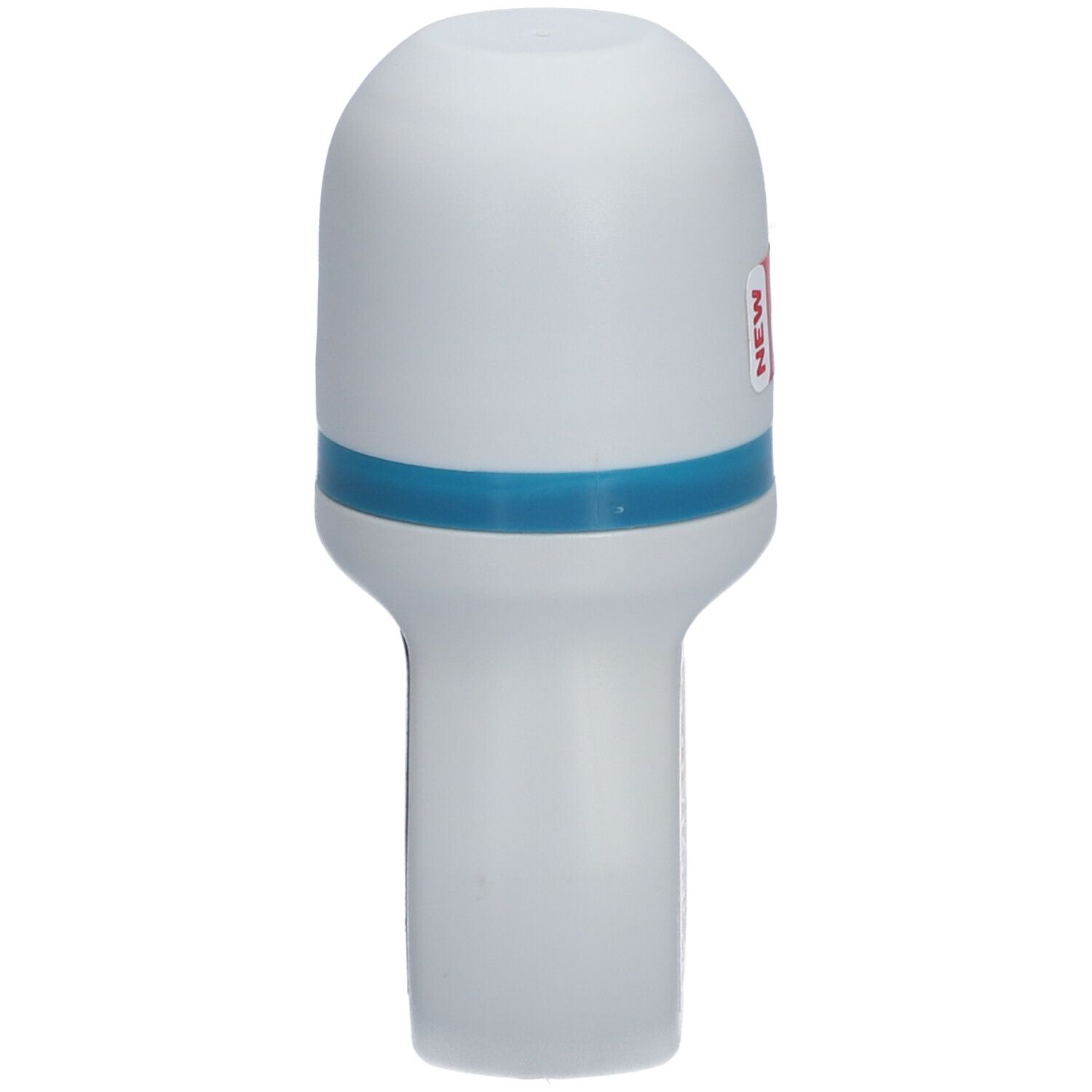Deo-Roller, weiß mit blauem Streifen. Oben abgerundet, zylindrischer Körper. Roter 'NEW' Aufkleber.