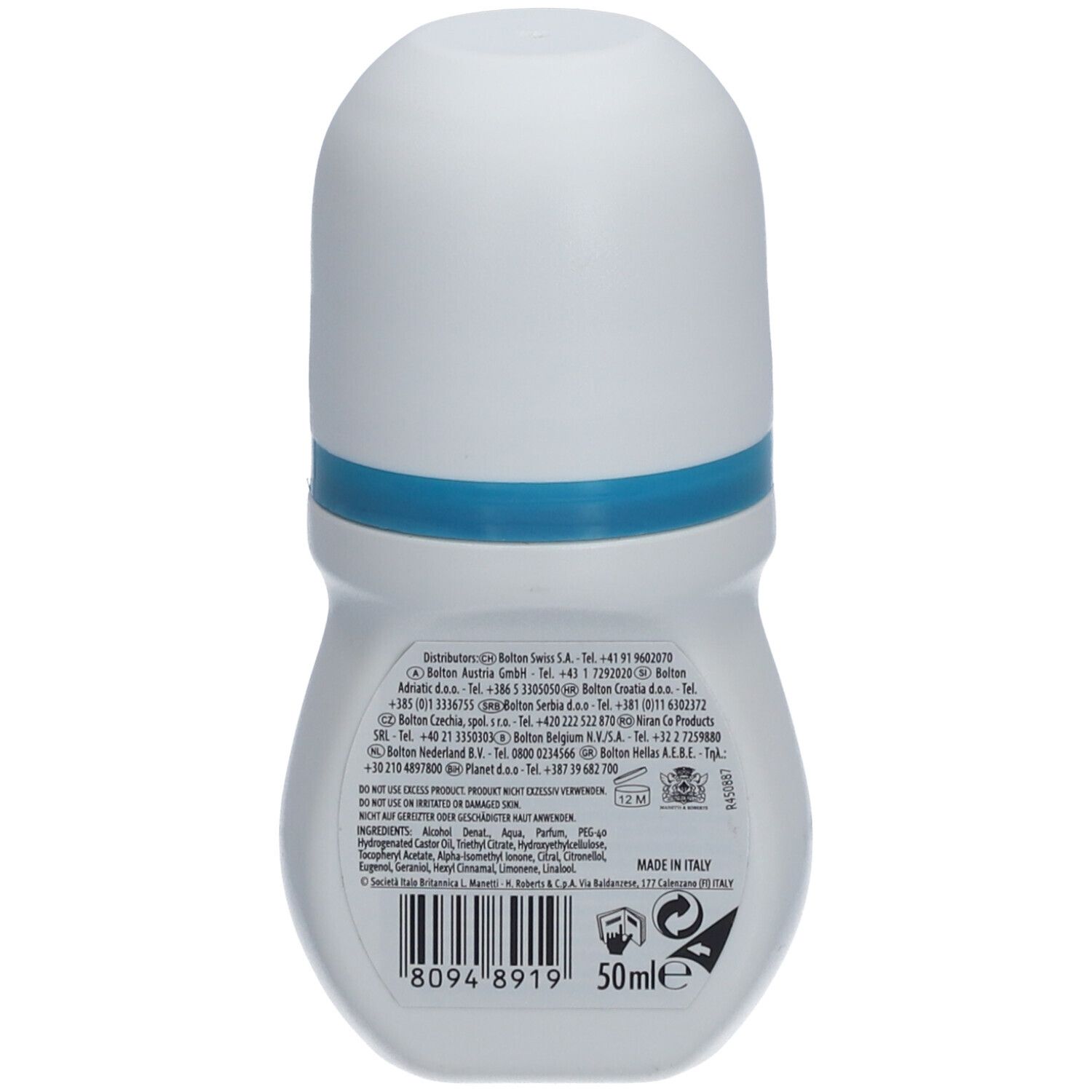 Rückseite des Deo-Rollers. Weiß mit blauer Linie. Text: Inhaltsstoffe, Herstellerinformationen, Barcode, 50ml.