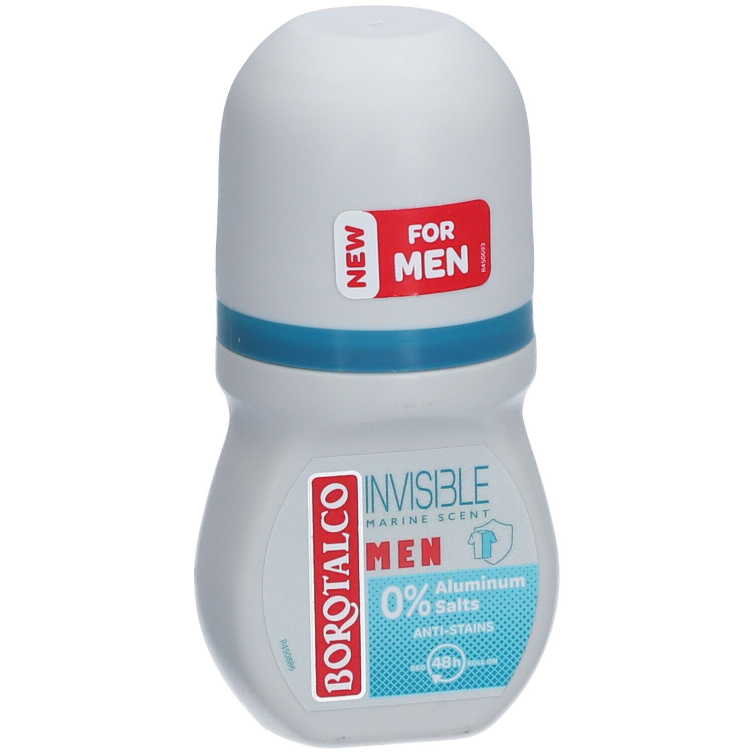 Deo-Roller für Männer. Weiß-blaue Flasche mit rotem 'NEW' Aufkleber. Text: 'INVISIBLE', 'MEN', '0% Salze'.