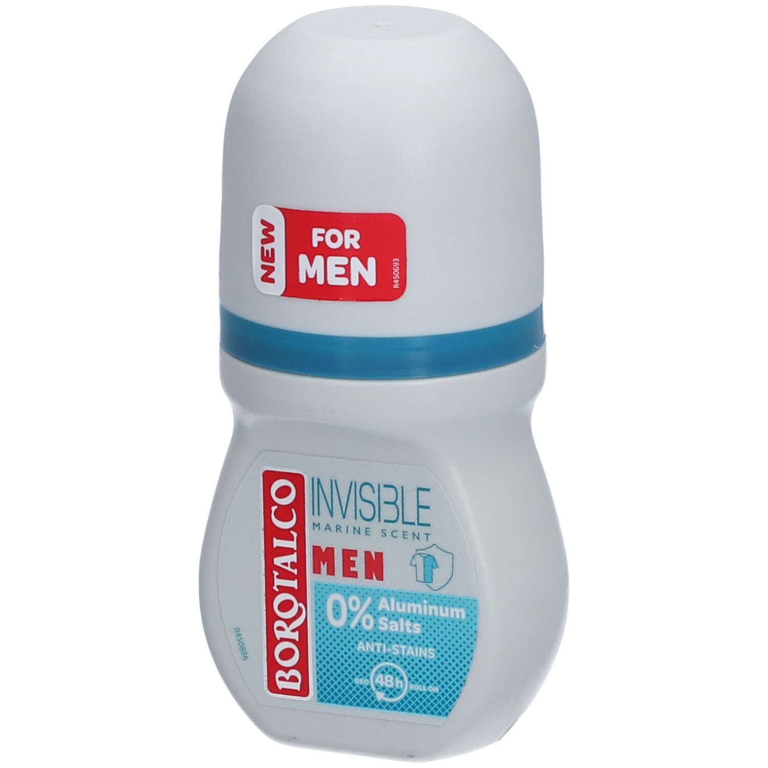 Deo-Roller für Männer. Weiß-blaue Flasche mit rotem 'NEW' Aufkleber. Text: 'INVISIBLE', 'MEN', '0% Salze'.