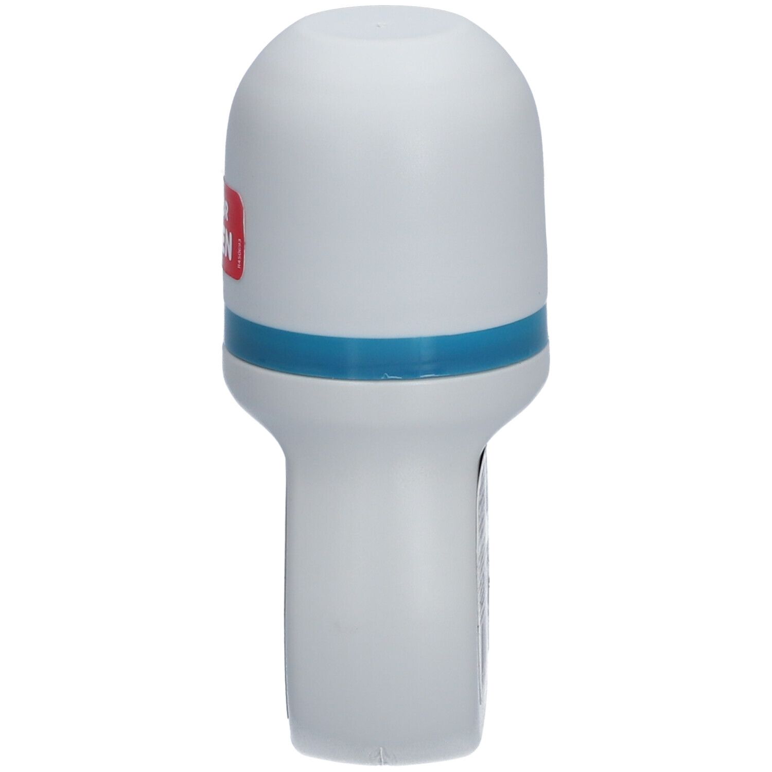 Deo-Roller, weiß mit blauem Streifen. Oben abgerundet, zylindrischer Körper. Roter 'NEW' Aufkleber.