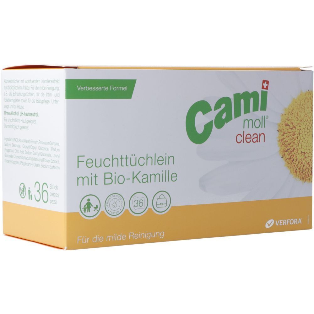 Verpackung mit Feuchttüchern. Aufschrift: Cami moll clean, 36 Stück. Mit Bio-Kamille. Gelb-weiße Box.