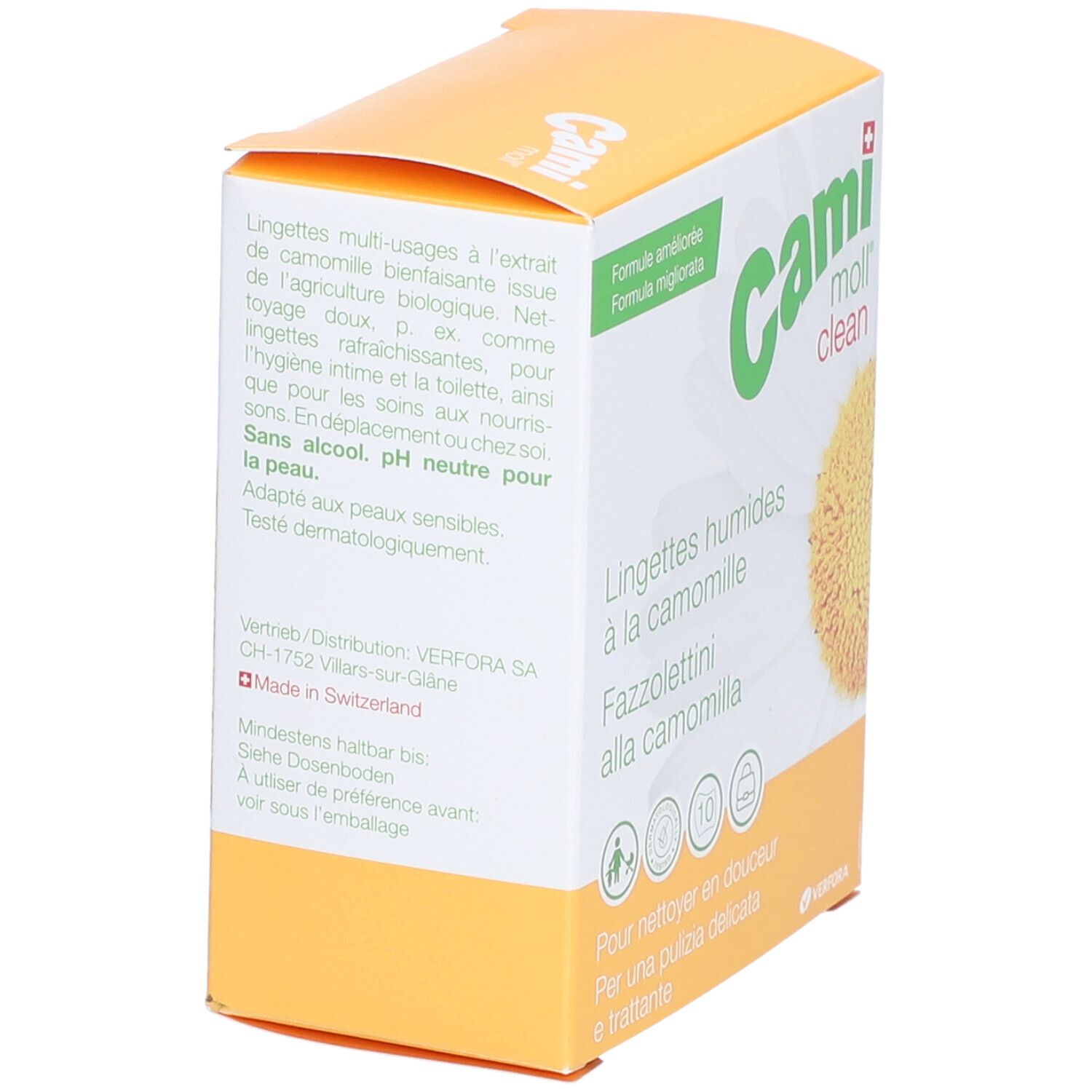 Seitenansicht der Verpackung von CAMI moll clean Feuchttüchern. Gelb-weißes Design mit Text in Deutsch, Französisch und Italienisch.