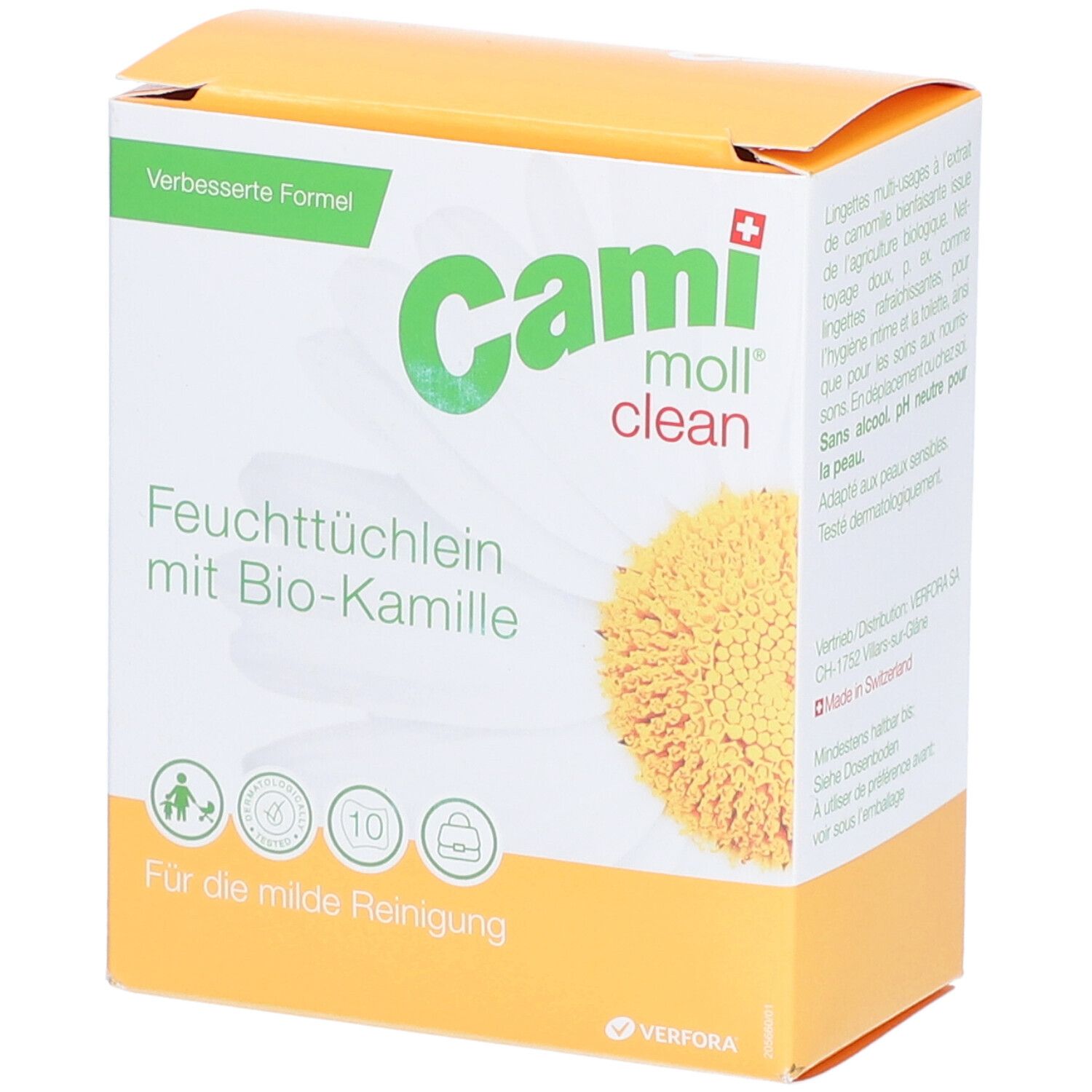 Verpackung von CAMI moll clean Feuchttüchern mit Bio-Kamille. Gelb-weißes Design mit Logo und Kamillenblüte. Text in Deutsch.