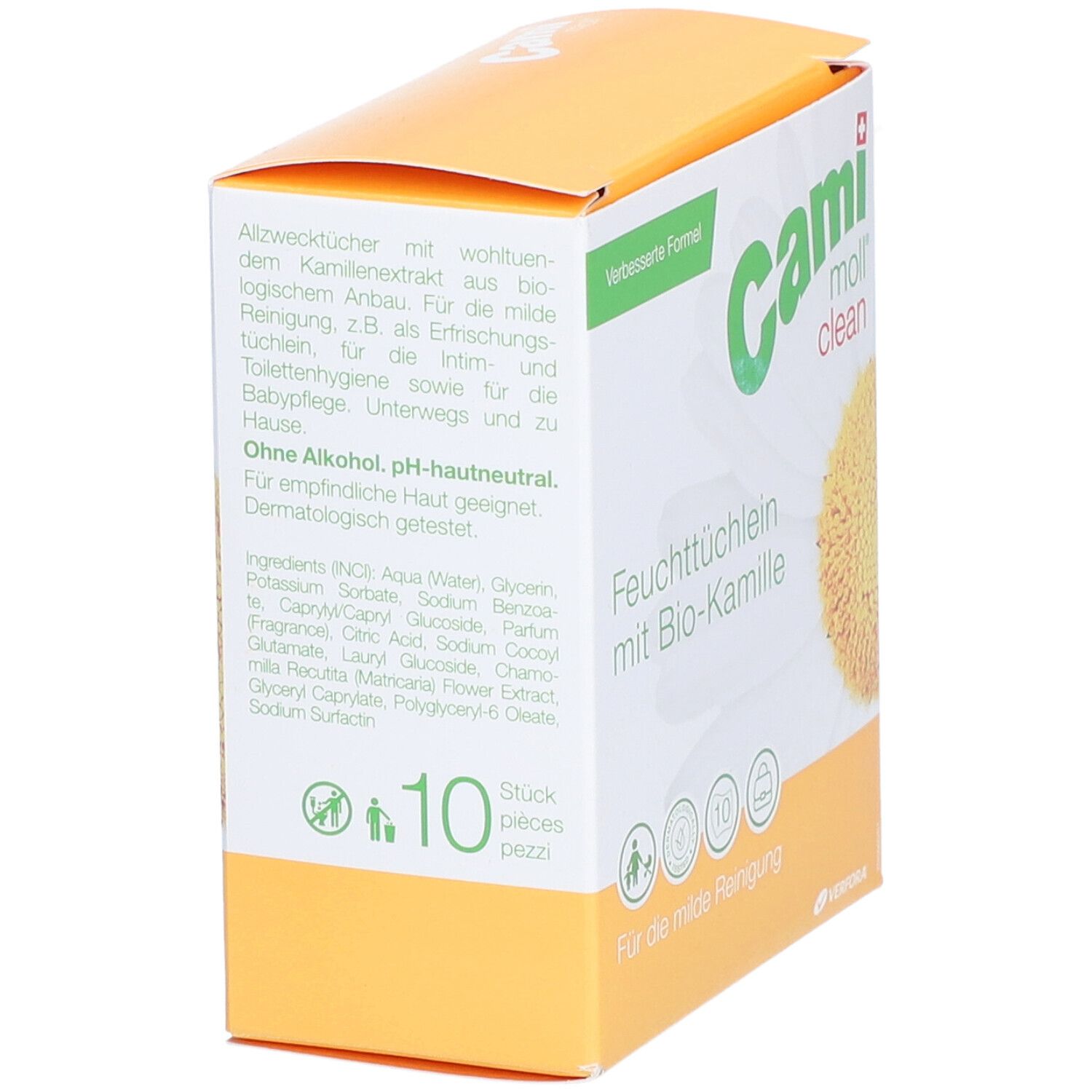 Rückseite der Verpackung von CAMI moll clean Feuchttüchern. Gelb-weißes Design mit Text und Zutatenliste in Deutsch.