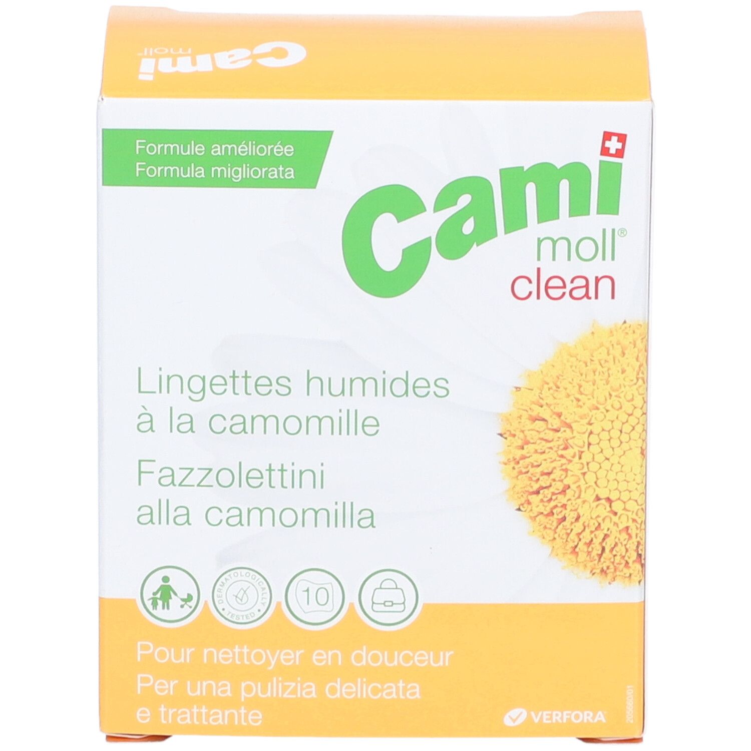 Verpackung von CAMI moll clean Feuchttüchern. Gelb-weißes Design mit Logo und Kamillenblüte. Text in Deutsch, Französisch und Italienisch.