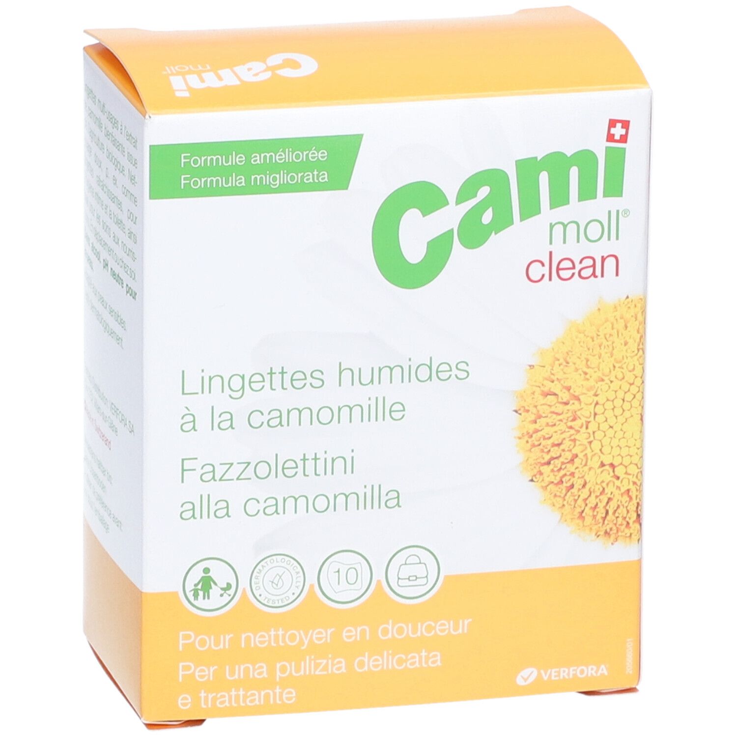 Verpackung von CAMI moll clean Feuchttüchern. Gelb-weißes Design mit Logo und Kamillenblüte. Text in Deutsch, Französisch und Italienisch.