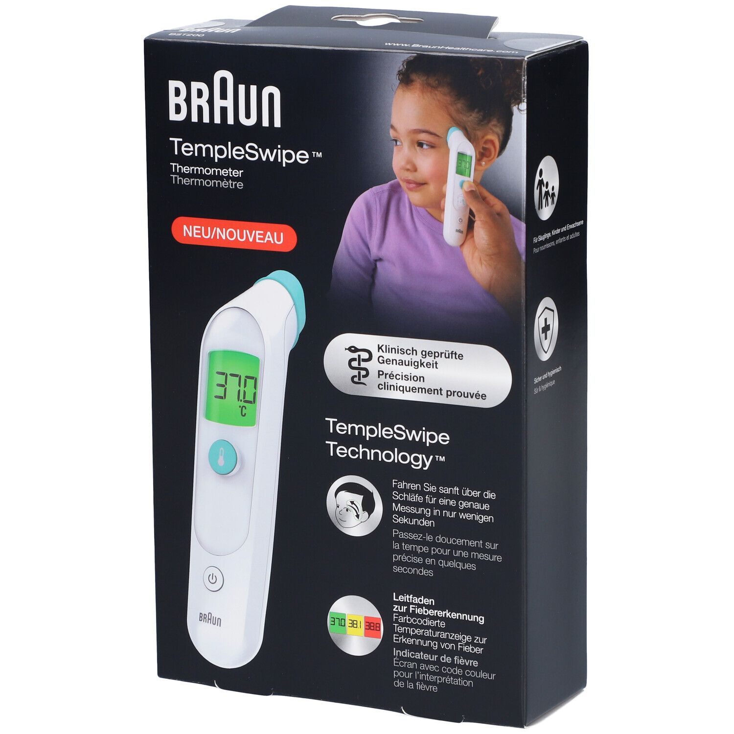 Verpackung des BRAUN TempleSwipe Thermometers. Das Thermometer zeigt 37,0°C an. Auf der Verpackung ist ein Kind abgebildet, das das Thermometer benutzt.