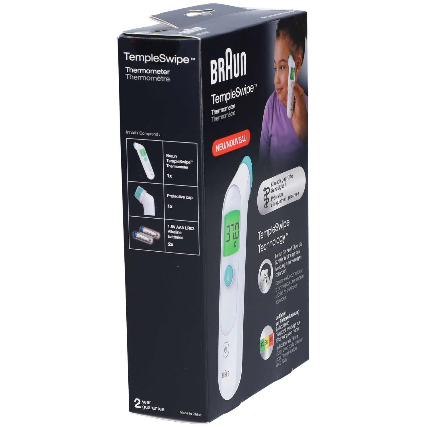 Seitenansicht der BRAUN TempleSwipe Thermometer-Verpackung. Auf der Verpackung sind das Thermometer, eine Schutzkappe und Batterien abgebildet.