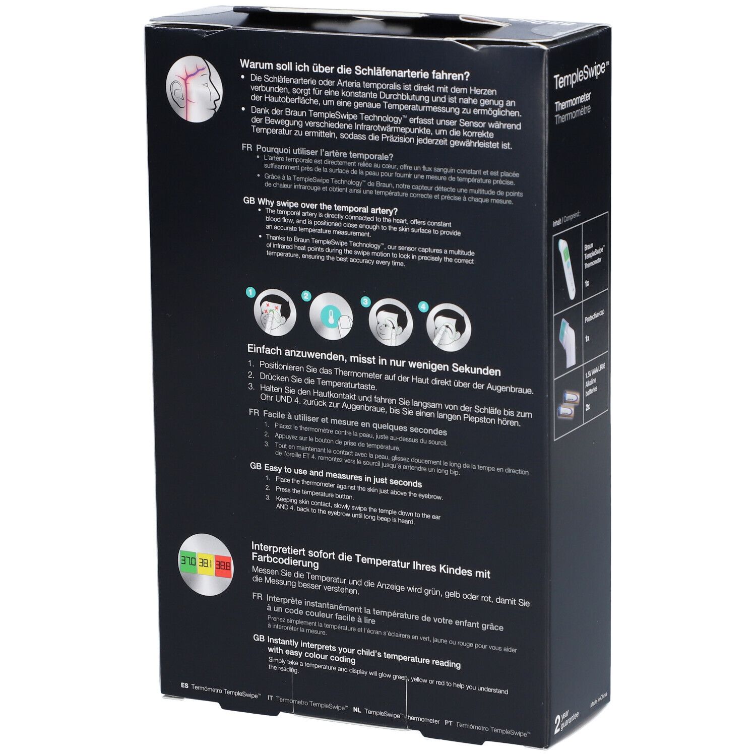 Rückseite der BRAUN TempleSwipe Thermometer-Verpackung. Text in Deutsch, Englisch und Französisch. Grafiken zeigen Anwendungsschritte und Farbcodes.