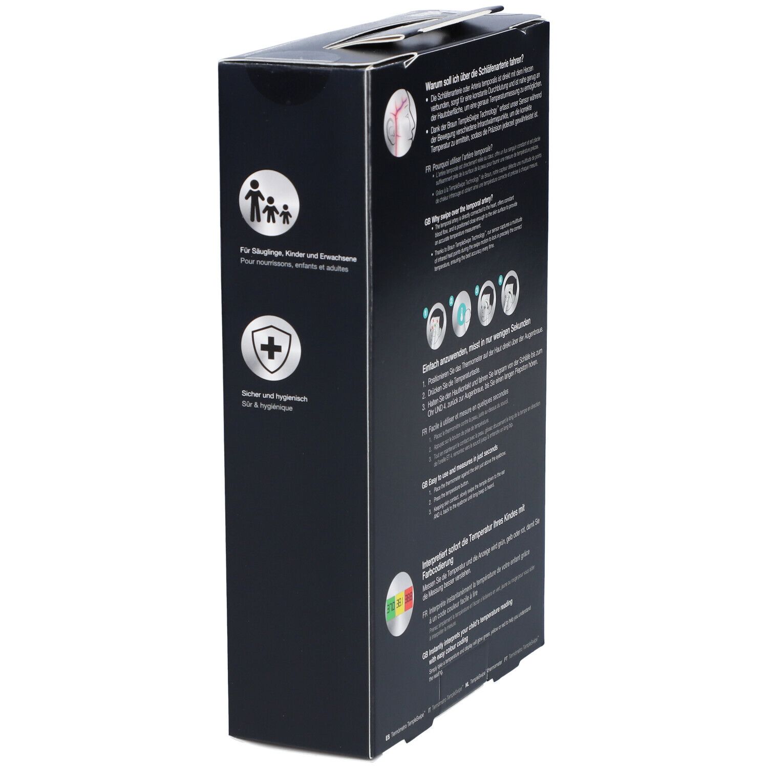 Seitenansicht der BRAUN TempleSwipe Thermometer-Verpackung. Grafiken zeigen Zielgruppen und Sicherheitsaspekte. Text in Deutsch und Französisch.
