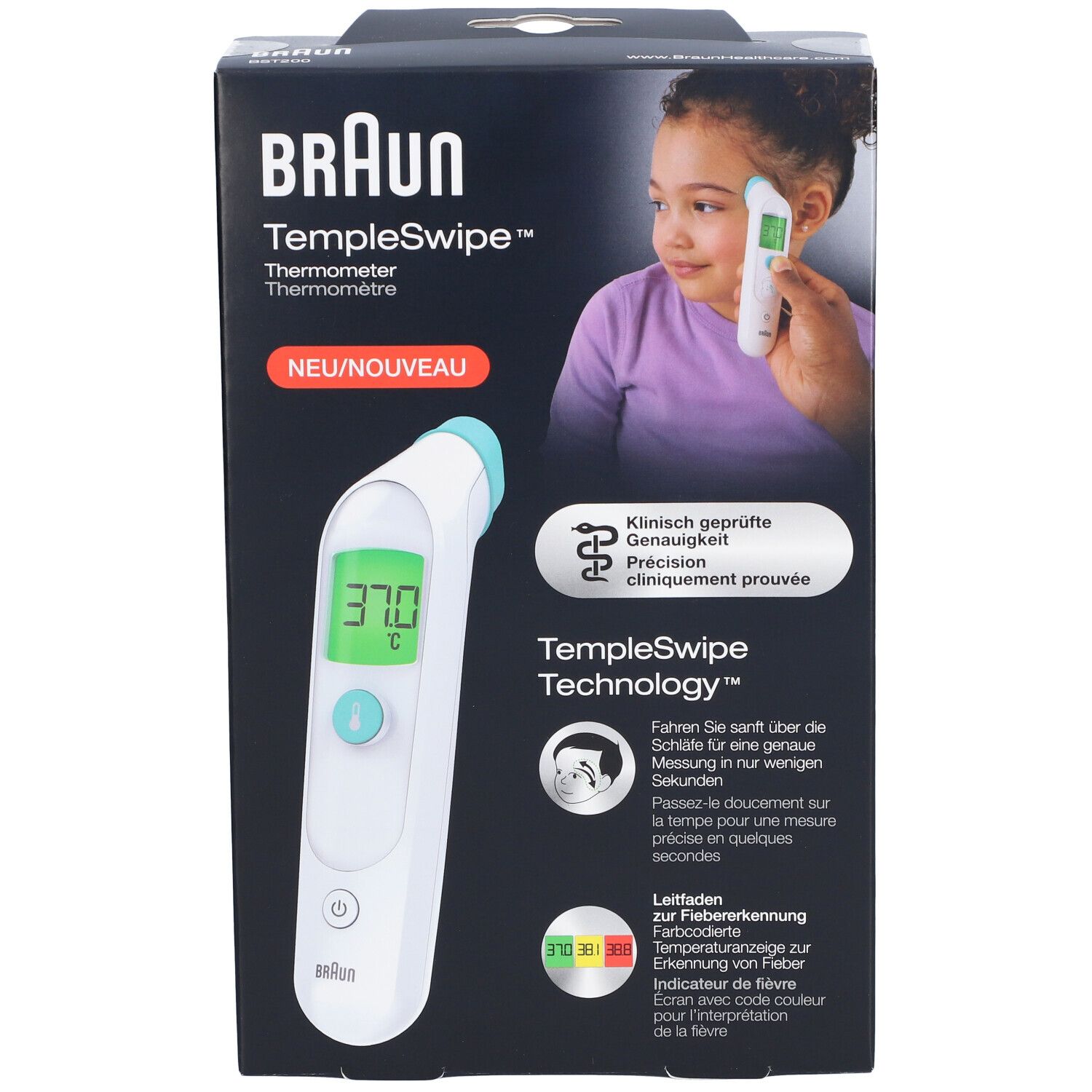 BRAUN TempleSwipe Thermometer-Verpackung. Das Thermometer zeigt 37,0°C an. Auf der Verpackung ist ein Kind abgebildet, das das Thermometer benutzt.