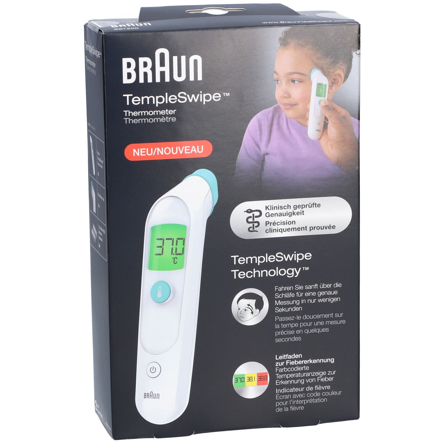 BRAUN TempleSwipe Thermometer-Verpackung. Das Thermometer zeigt 37,0°C an. Auf der Verpackung ist ein Kind abgebildet, das das Thermometer benutzt.