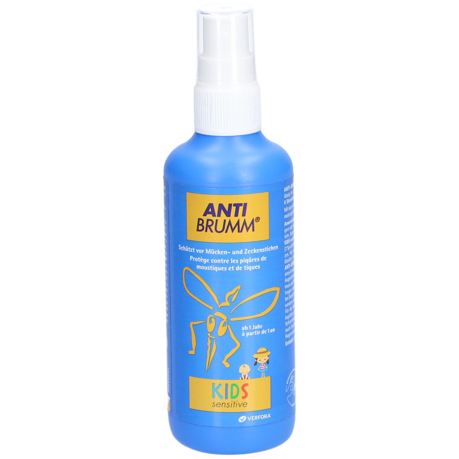 Blaue Sprühflasche mit weißem Sprühkopf. Aufschrift ANTI BRUMM®, darunter ein gelbes Moskitomotiv und KIDS sensitive.