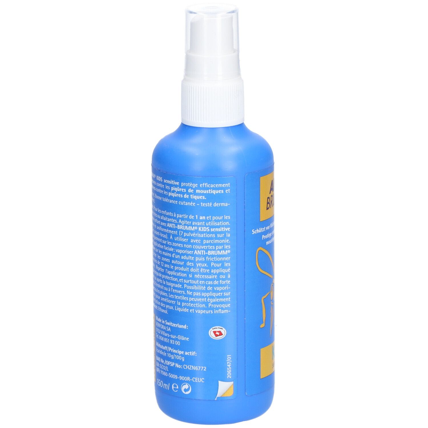 Rückseite der blauen Sprühflasche. Textinformationen, darunter ein gelbes Feld mit Informationen und ein Schweizer Kreuz.