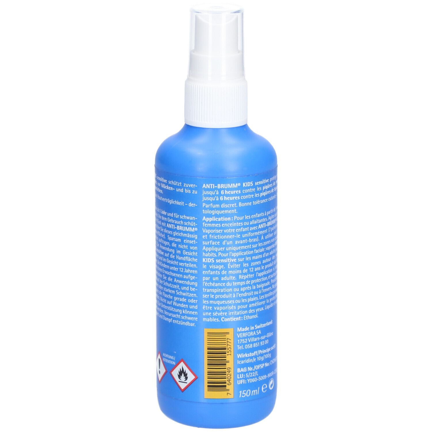 Rückseite der blauen Sprühflasche. Textinformationen, darunter Gefahrensymbole und ein gelbes Feld mit Informationen.