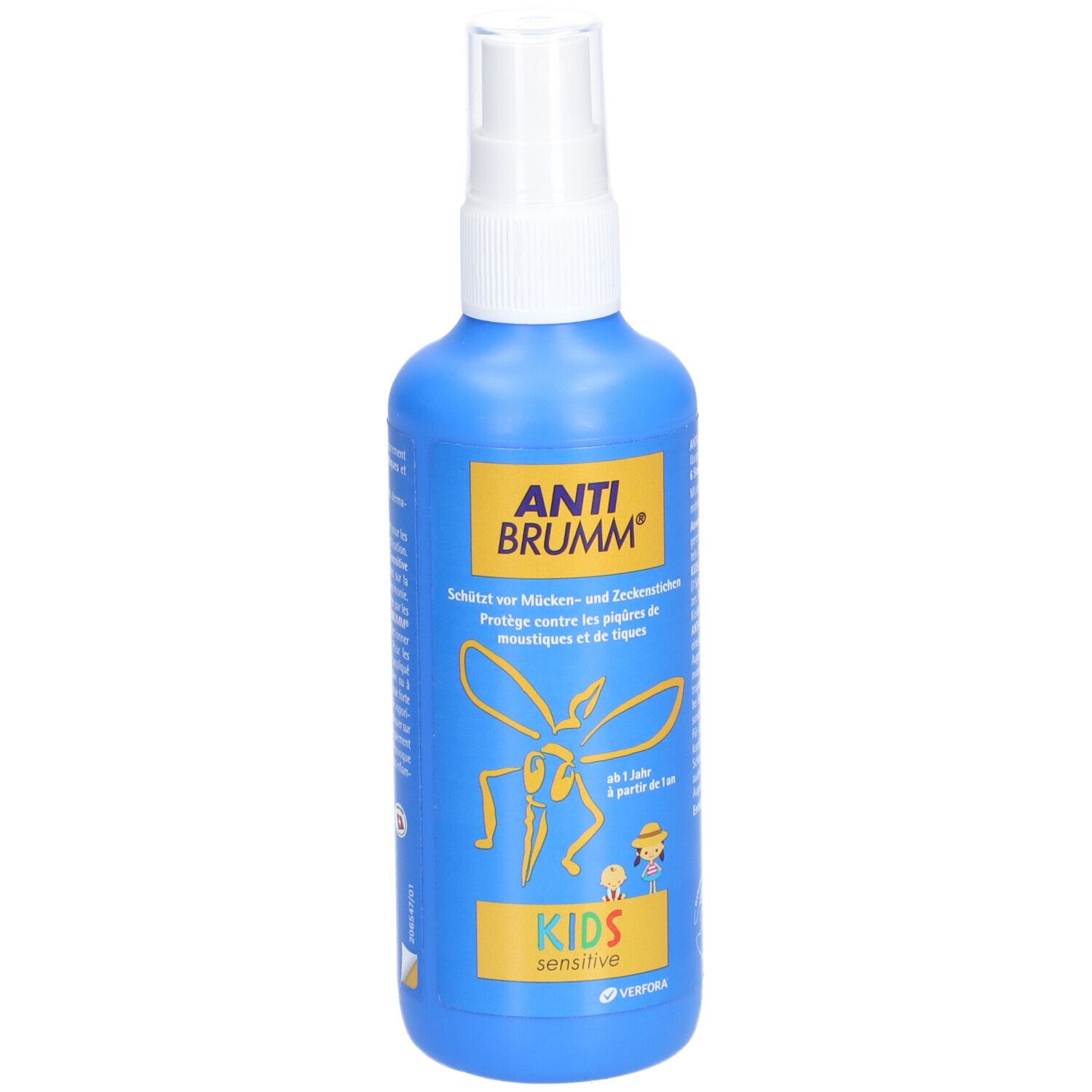 Blaue Sprühflasche mit weißem Sprühkopf. Aufschrift ANTI BRUMM®, darunter ein gelbes Moskitomotiv und KIDS sensitive.