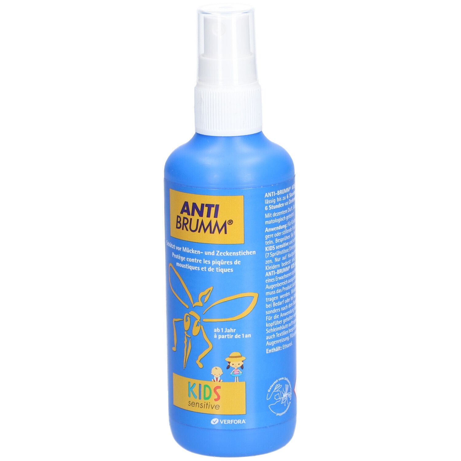 Blaue Sprühflasche mit weißem Sprühkopf. Aufschrift ANTI BRUMM®, darunter ein gelbes Moskitomotiv und KIDS sensitive.
