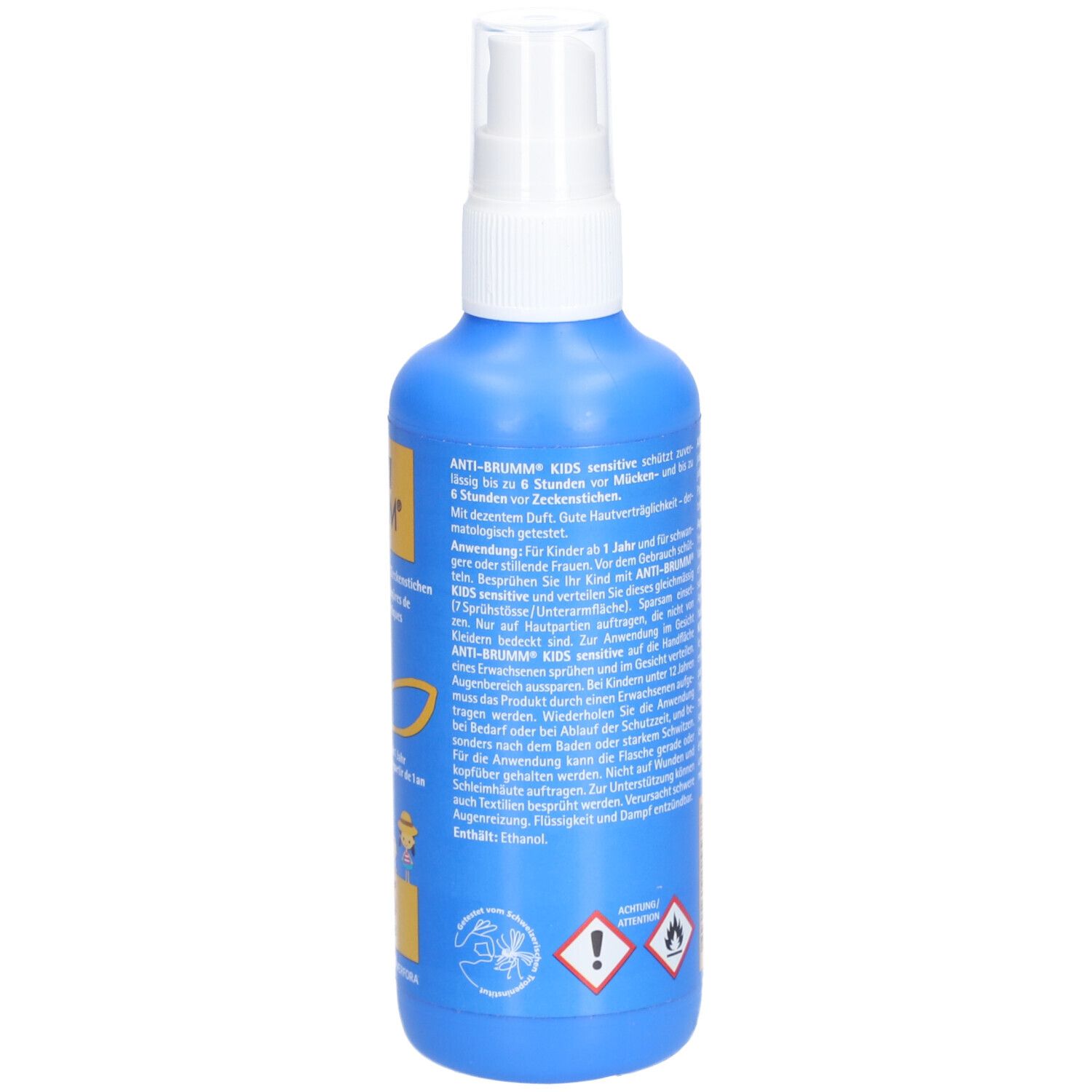 Rückseite der blauen Sprühflasche. Textinformationen, darunter Gefahrensymbole und ein gelbes Feld mit Informationen.