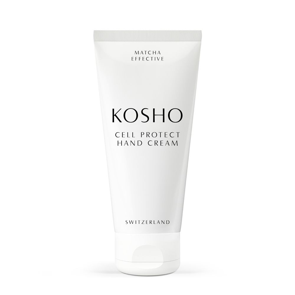 Weiße Tube mit KOSHO Cell Protect Hand Cream. Text: Matcha Effective, Switzerland.
