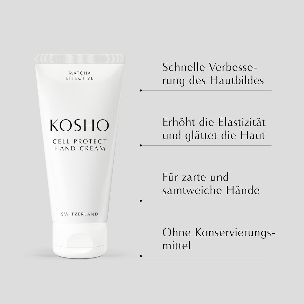 Weiße Tube KOSHO Cell Protect Hand Cream. Text: Schnelle Verbesserung, Elastizität, zarte Hände, ohne Konservierungsmittel.